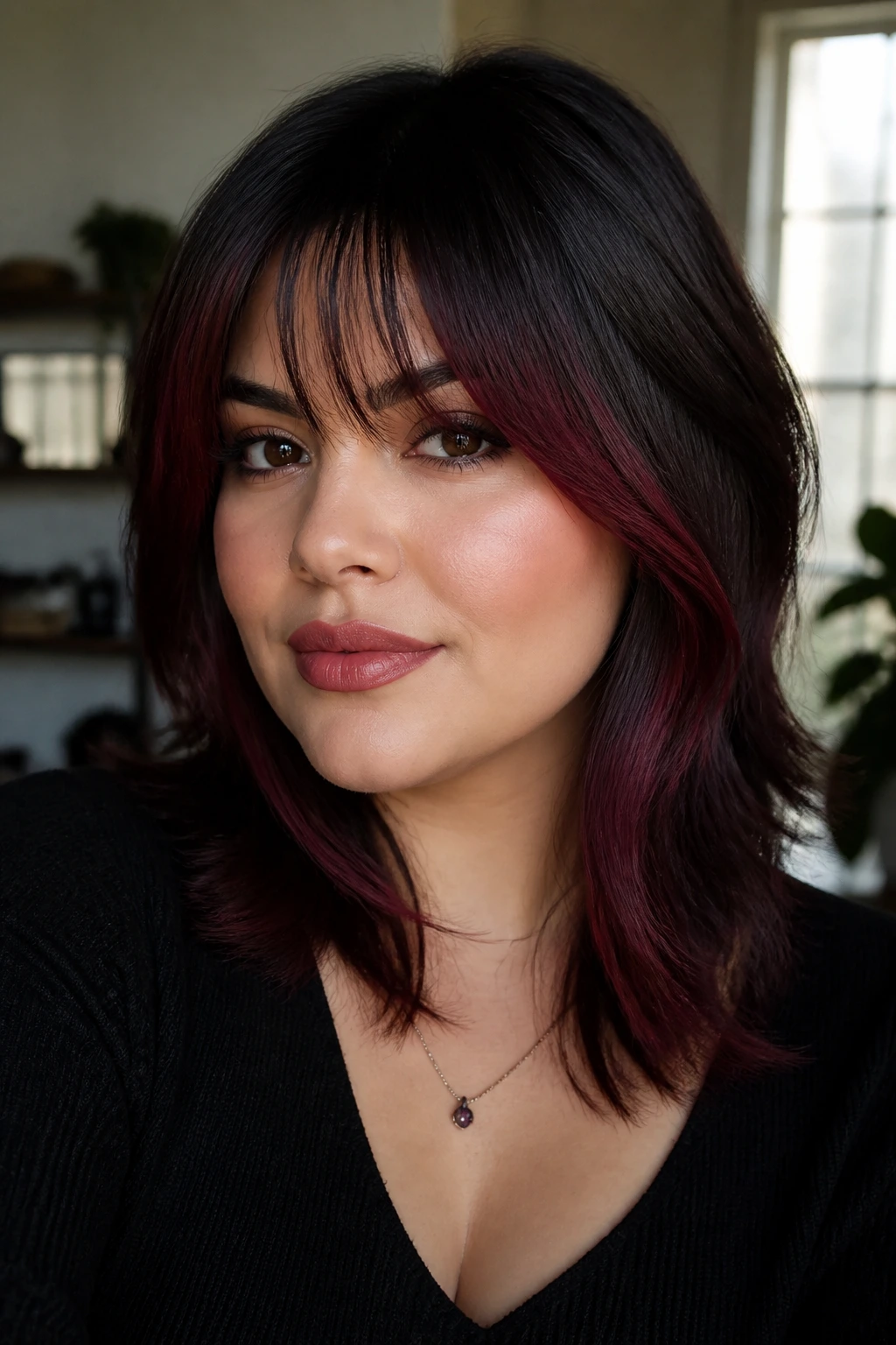 Close-up portrait of a real woman with dark merlot face-framing pieces