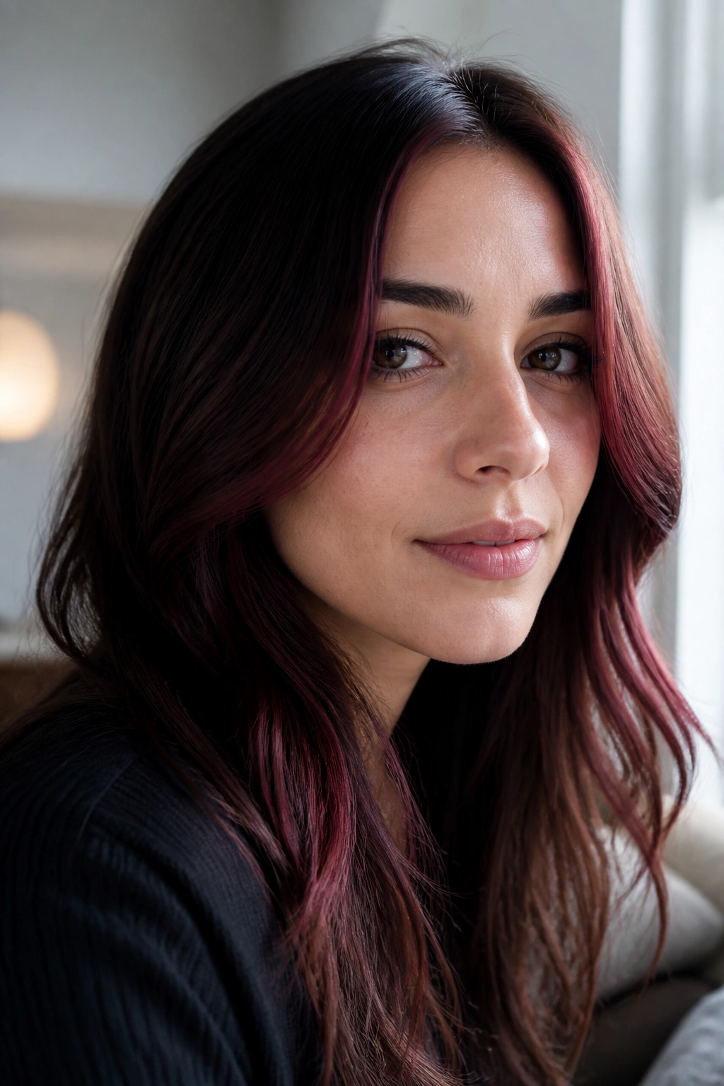 Close-up of a brunette with merlot face-framing highlights by a window