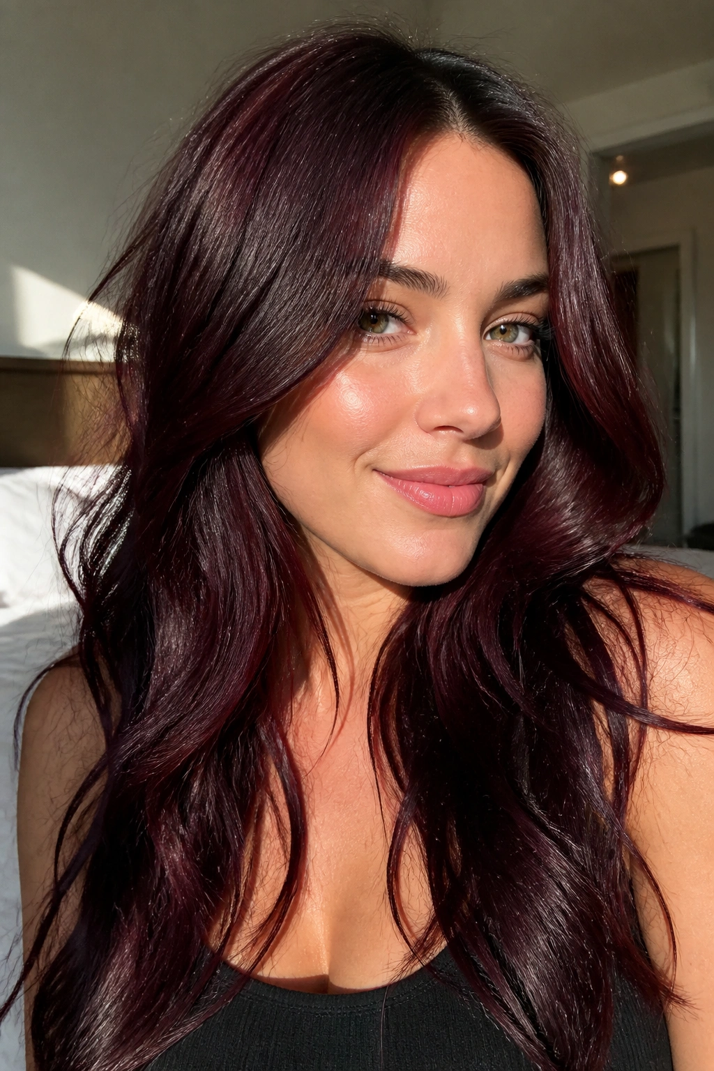 Close-up portrait of a real woman with deep merlot gloss on dark brunette hair in window-lit room