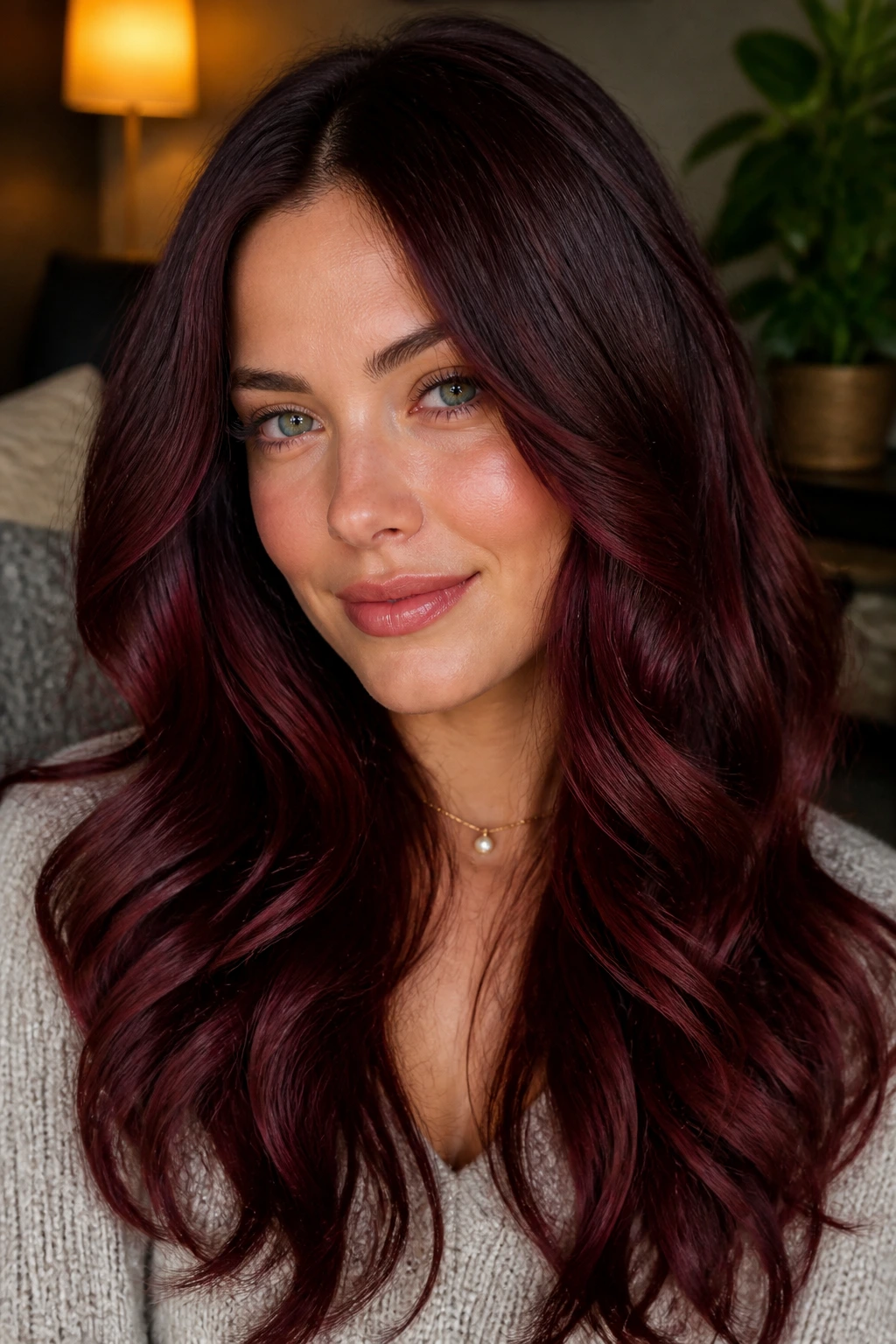 Close-up of merlot melt hair on a real person in a cozy home setting