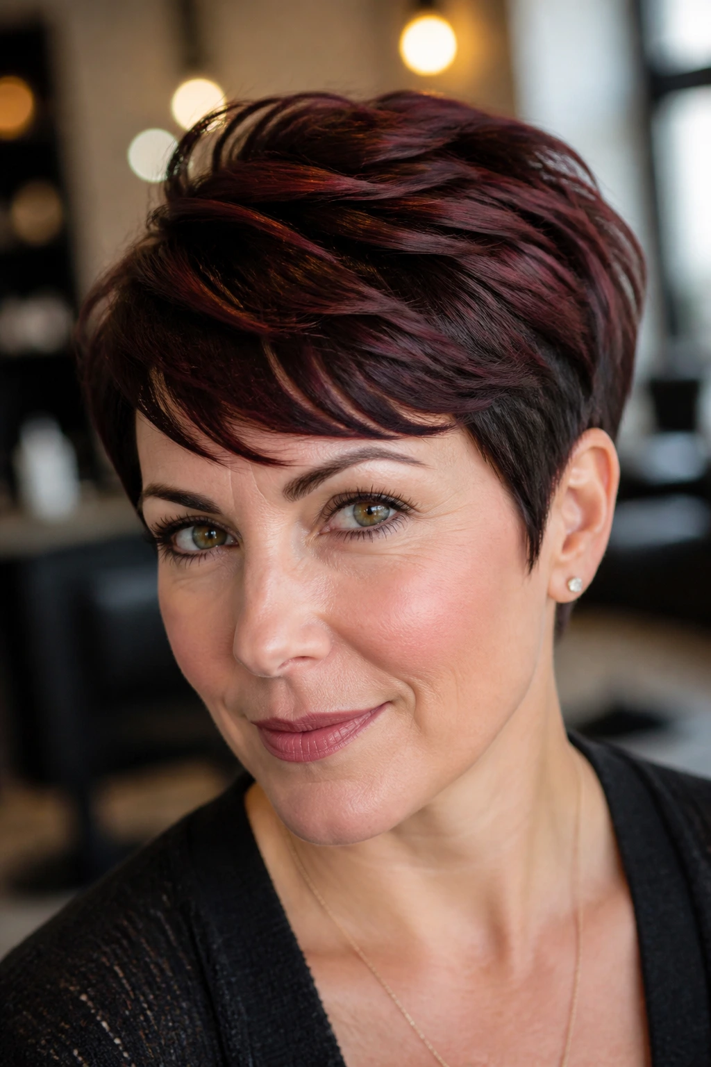 Portrait of a woman with a pixie cut and merlot highlights for lift and depth.