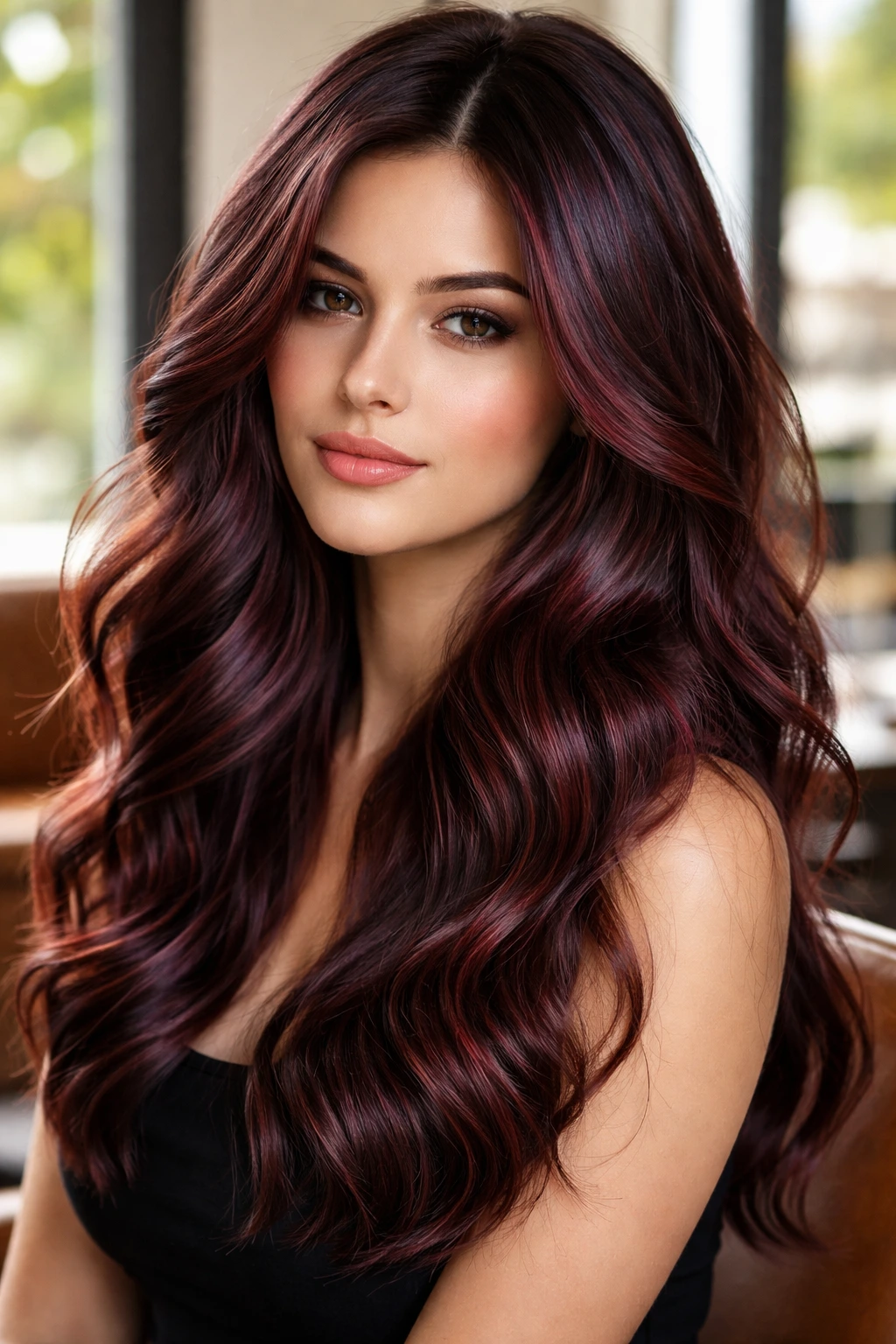Close-up of hair with merlot dimension highlights.