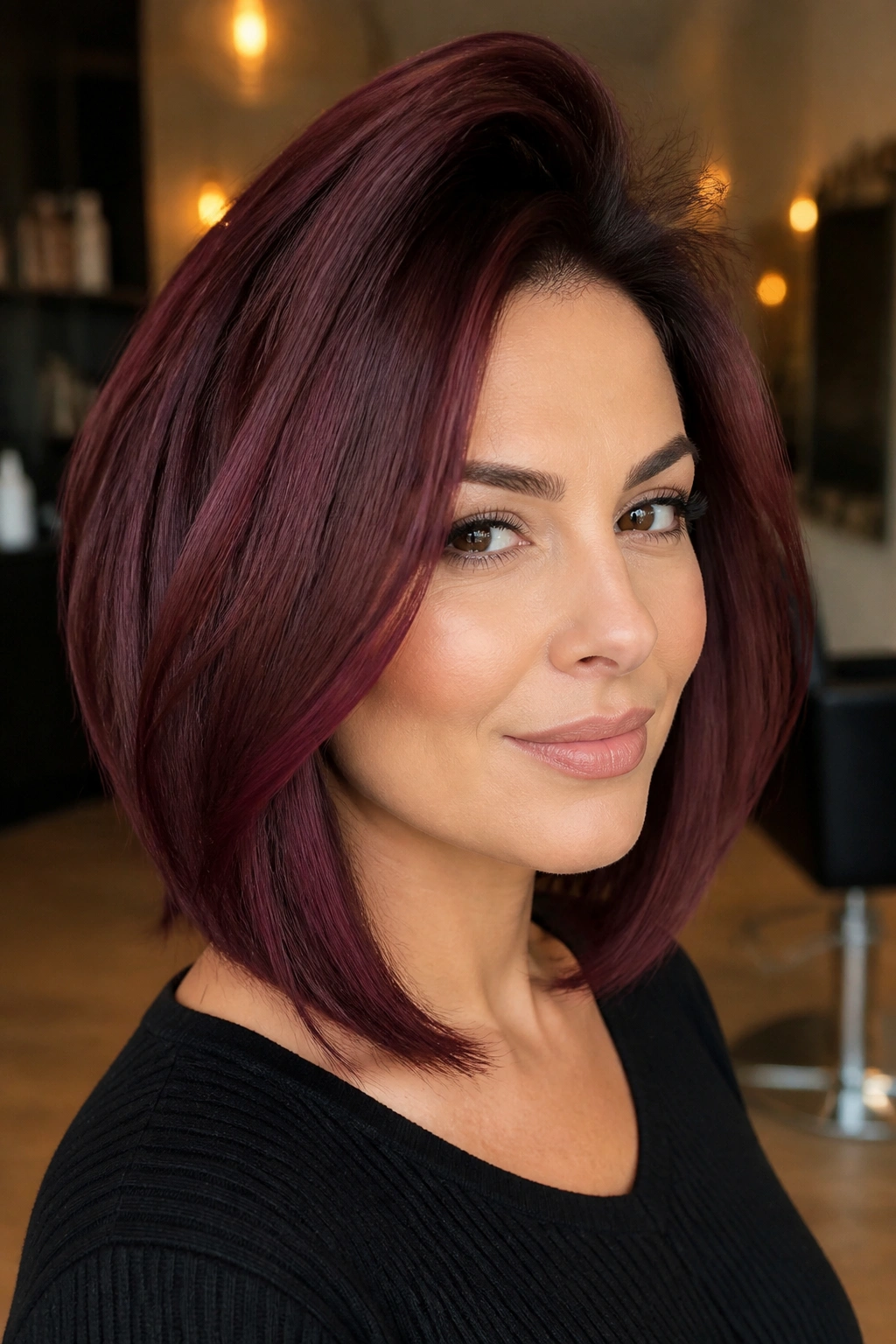 Close-up of a real woman with merlot lob and lifted roots at crown