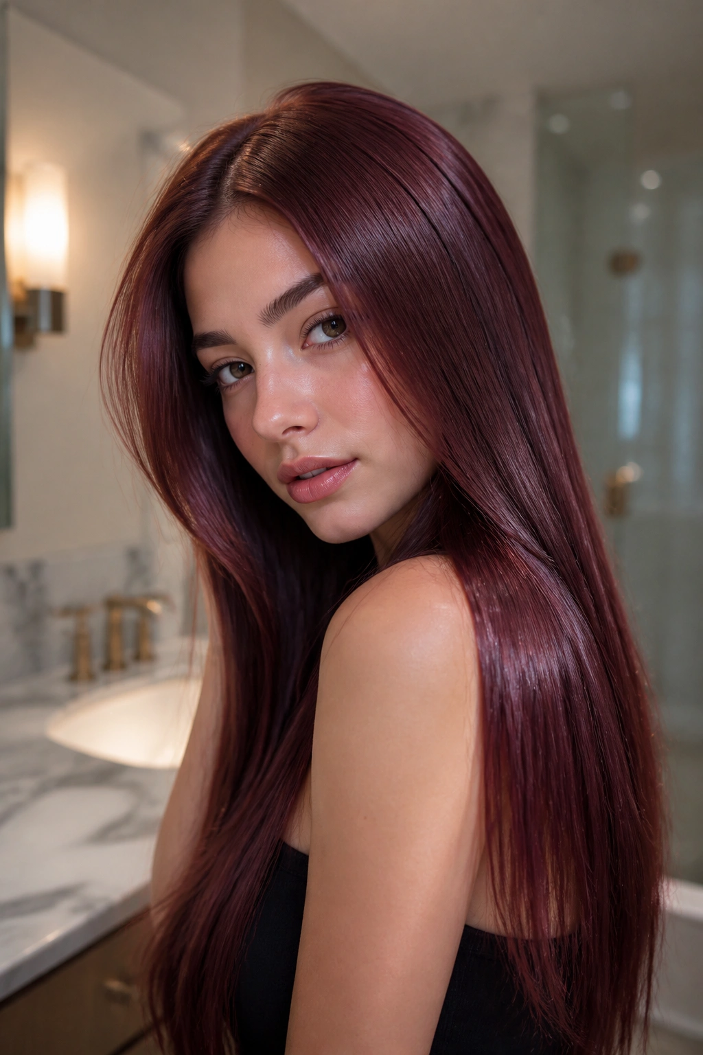 Close-up portrait of a real person with glossy merlot mahogany copper hair