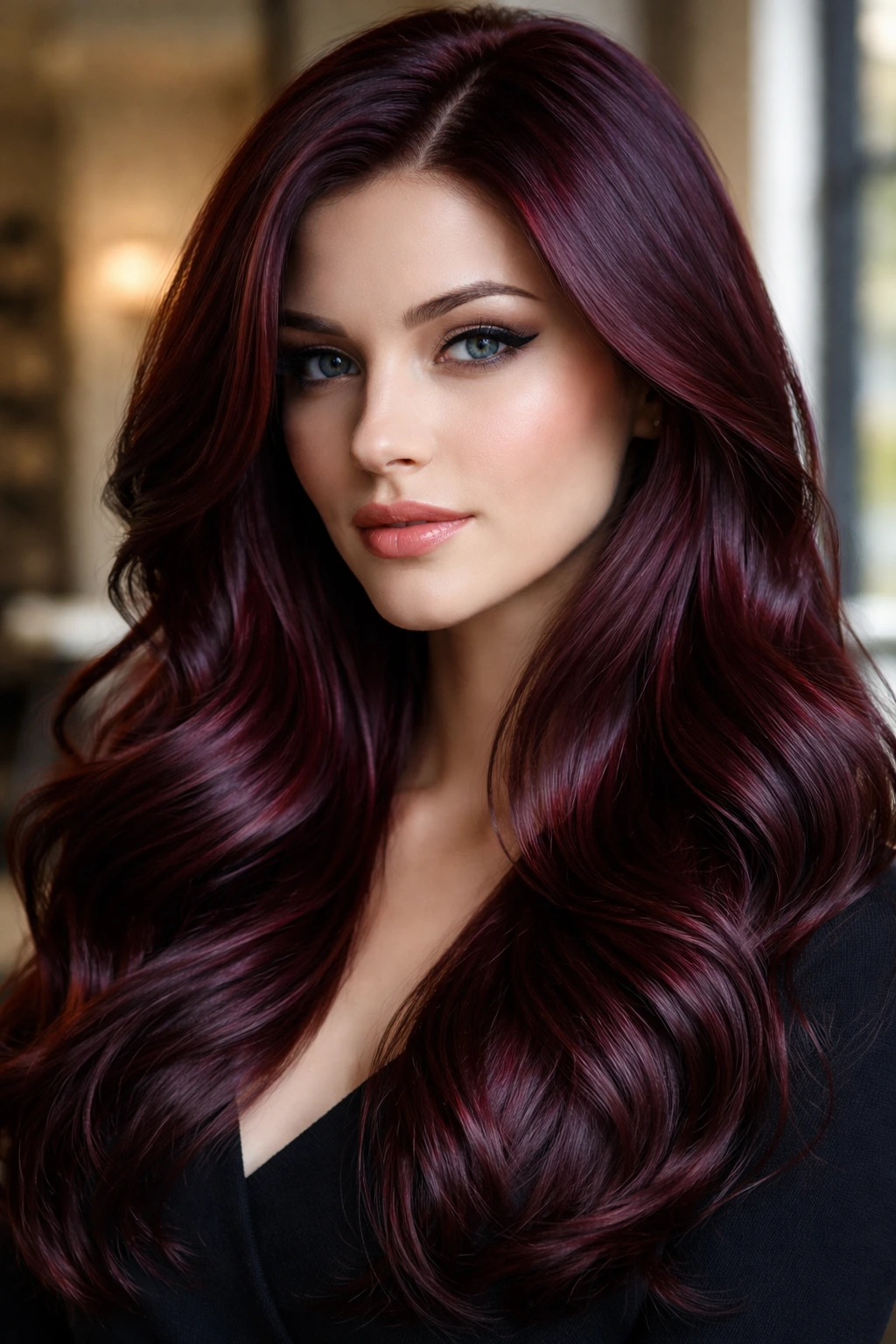 Close-up portrait of a real person with Merlot Mahogany hair and cool undertones