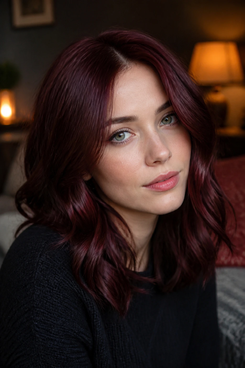 Close-up of a woman with deep merlot mahogany hair in warm indoor light