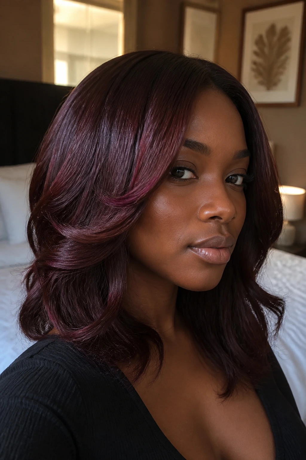 Close-up of a real woman with dark merlot mahogany hair on deep cool skin