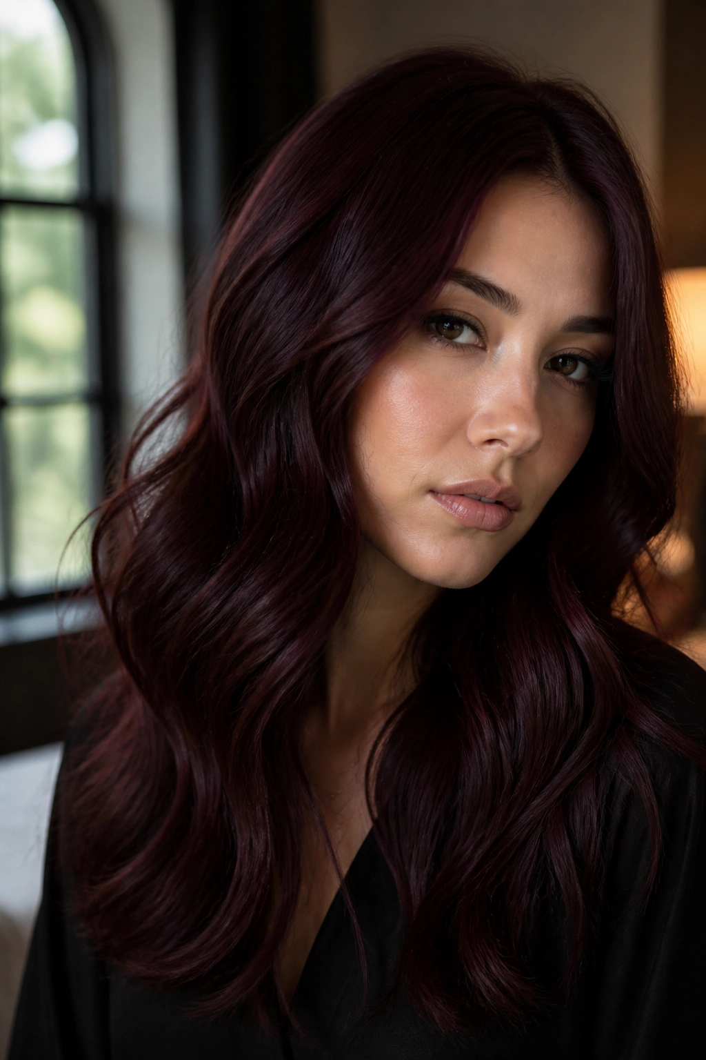 Portrait of a woman with merlot mahogany hair rich in red-violet tones.