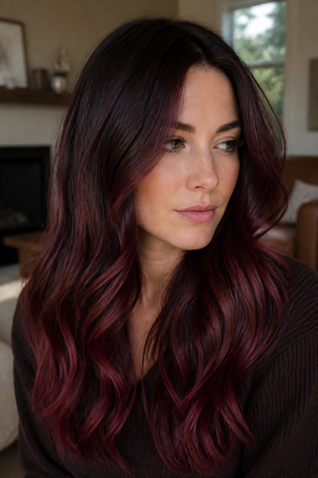 Close-up portrait of a real person with merlot melt hair showing gradient from roots to ends.