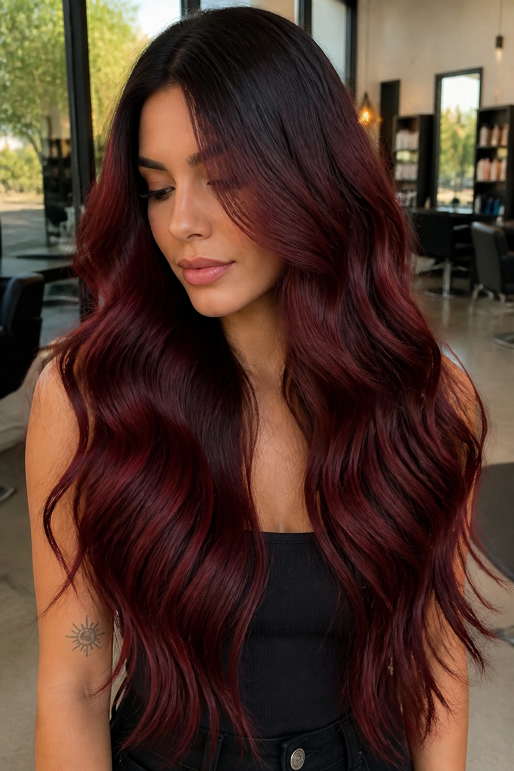 Close-up of a real woman with waist-length hair showing a merlot melt from soft roots to deep ends