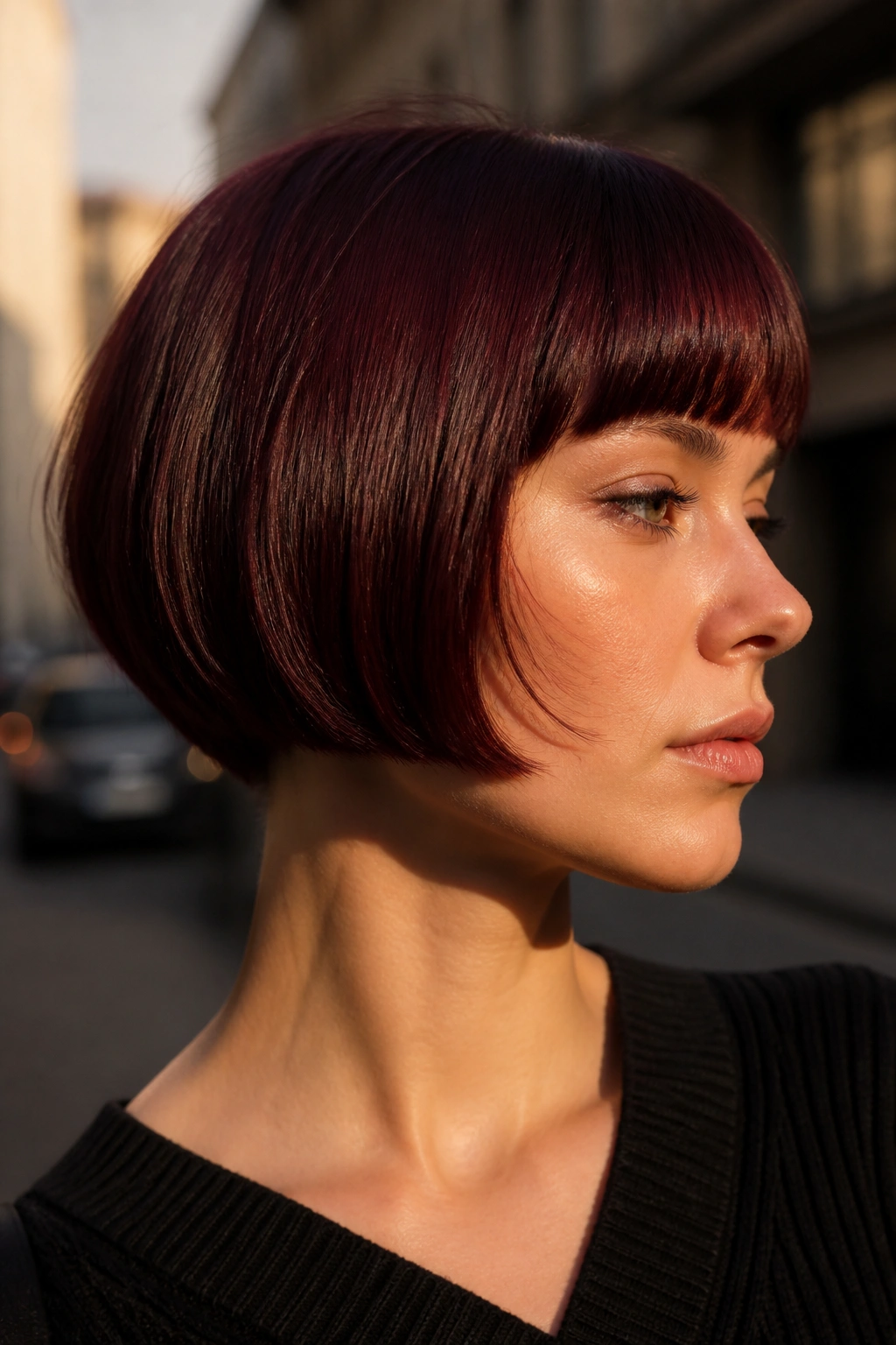 Close-up of a real woman with micro bob in deep merlot