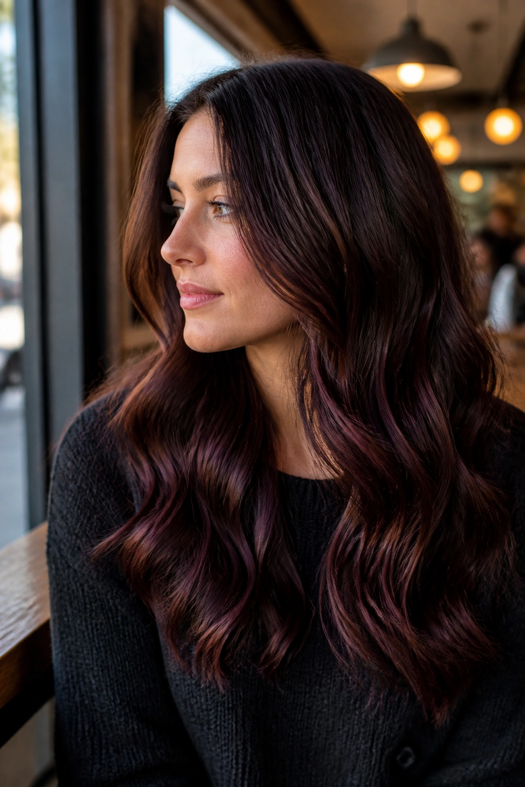 Portrait of dark brown hair with merlot and mocha balayage in soft waves