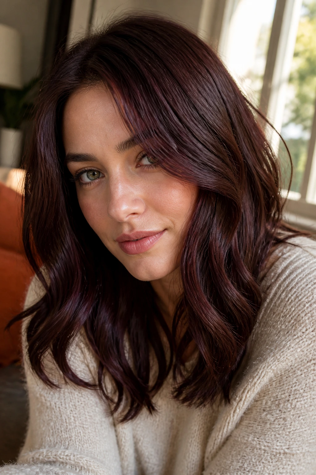 Close-up of a real woman with Merlot Mocha hair in warm window light.