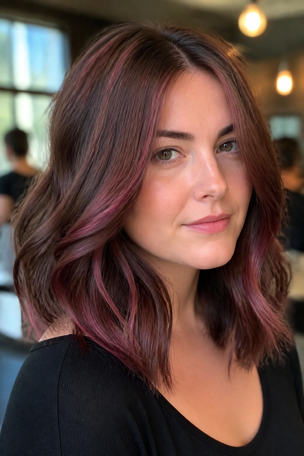 Close-up portrait of a real woman showing merlot mocha lowlights in shoulder-length hair under warm salon lighting.