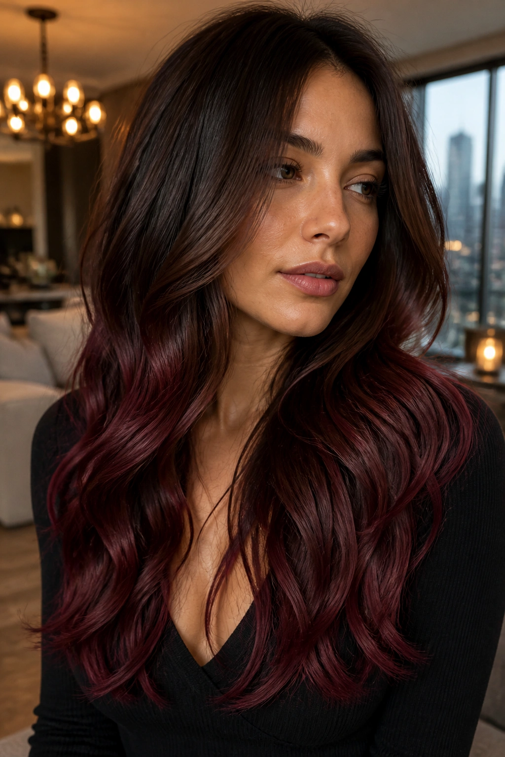 Close-up of a real woman with mocha-to-merlot ombre on long waves, mochas at the roots transitioning to merlot ends.