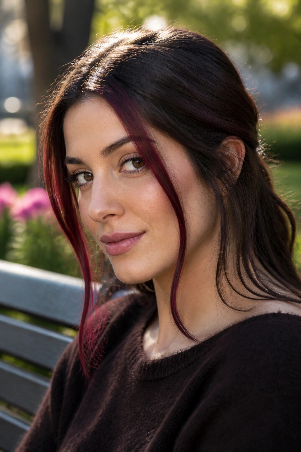 Close-up portrait of a real woman with Merlot Money Piece hair