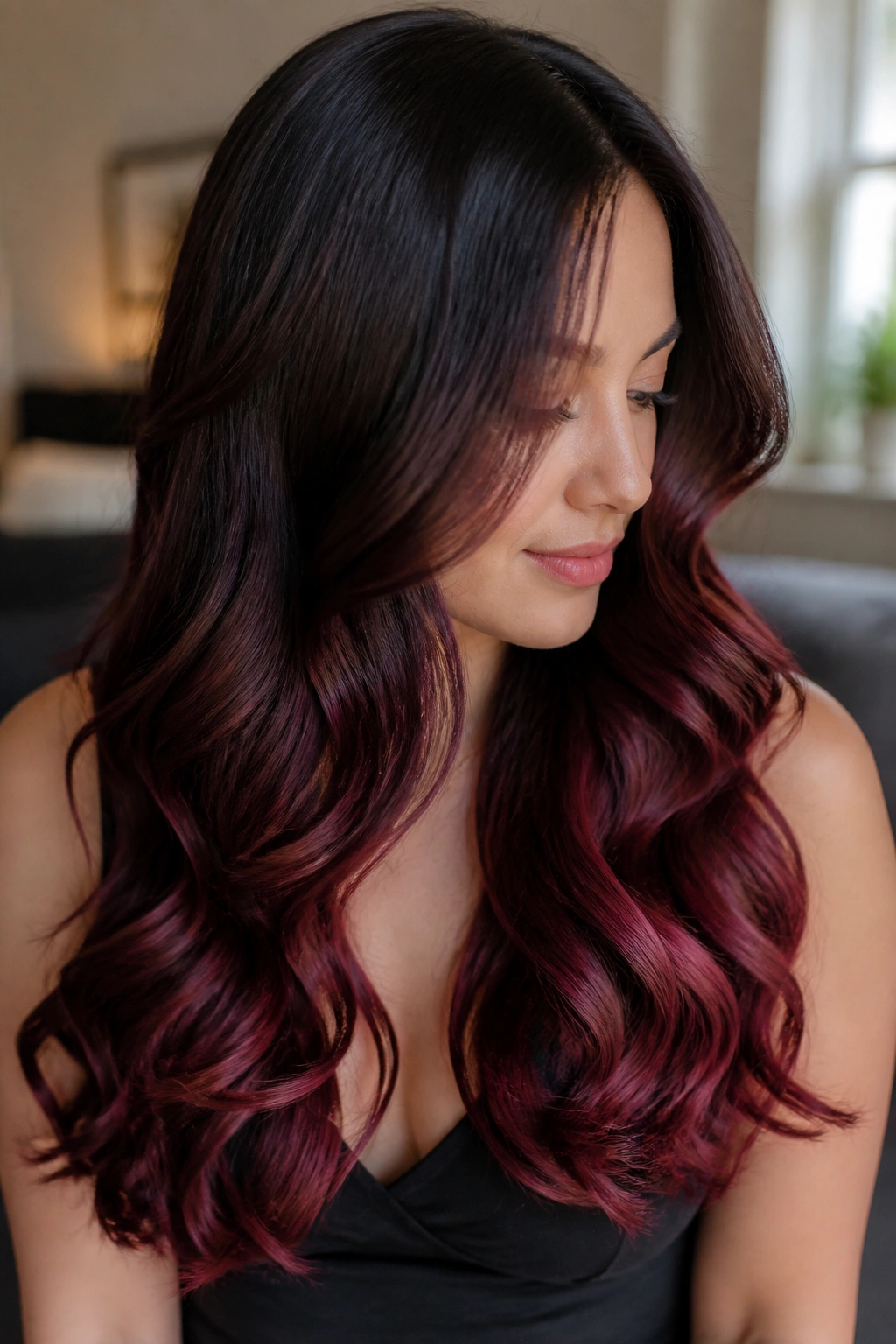 Close-up of a real woman with merlot ombre curled ends
