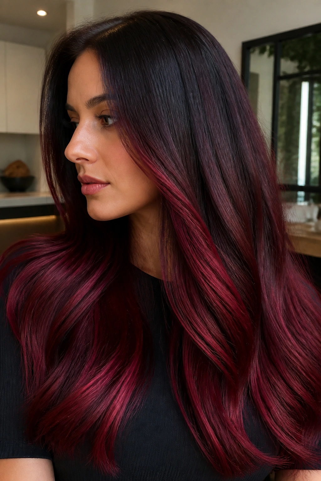 Close-up of real woman with merlot ombre and satin finish on long hair