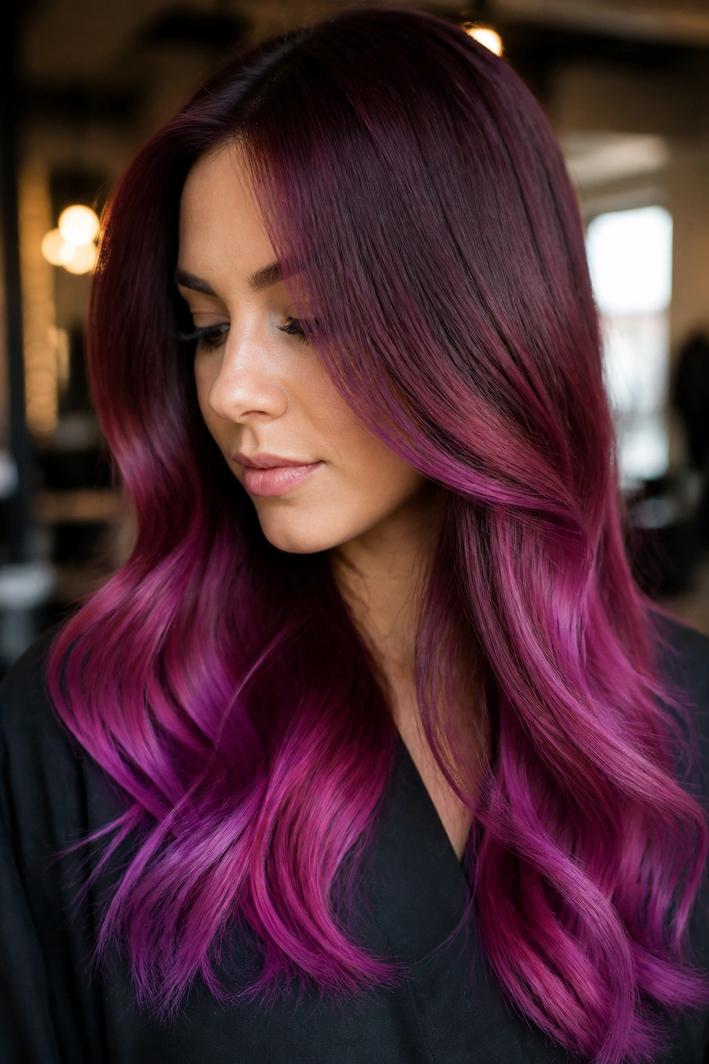 Close-up portrait of a real person with merlot roots and orchid ends hair color