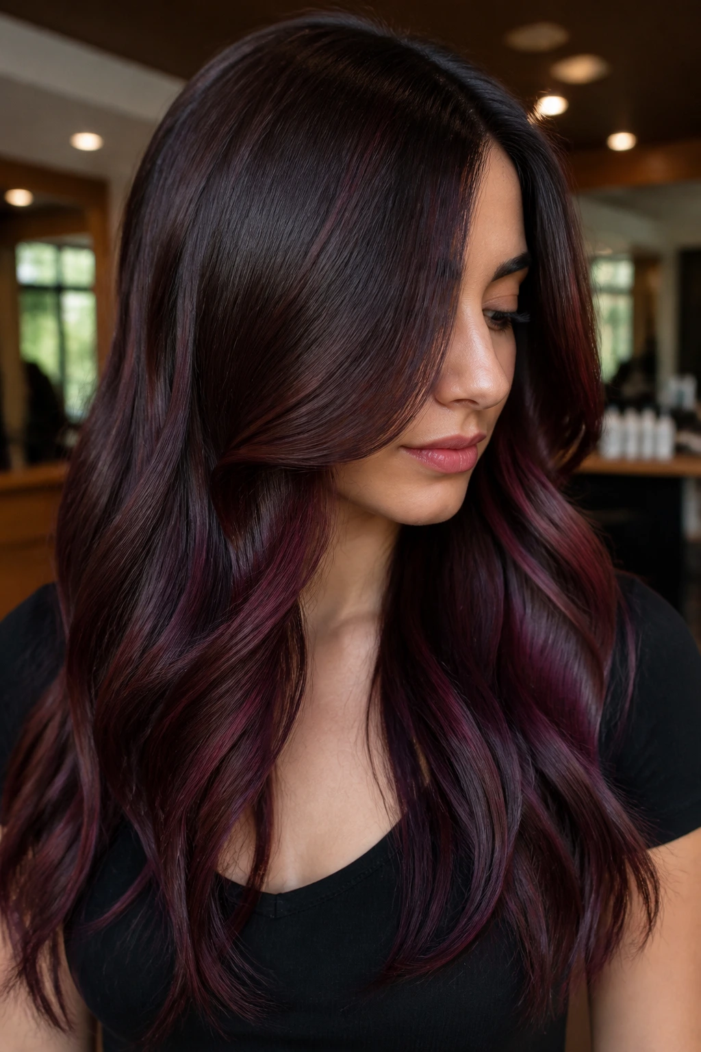 Close-up of dark brown hair with deep merlot panels in a salon setting