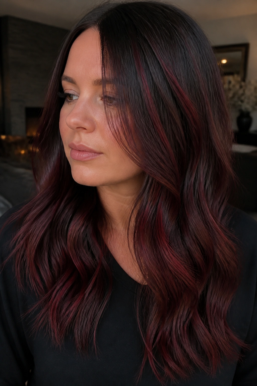 Brunette with merlot panels midlengths in ambient light