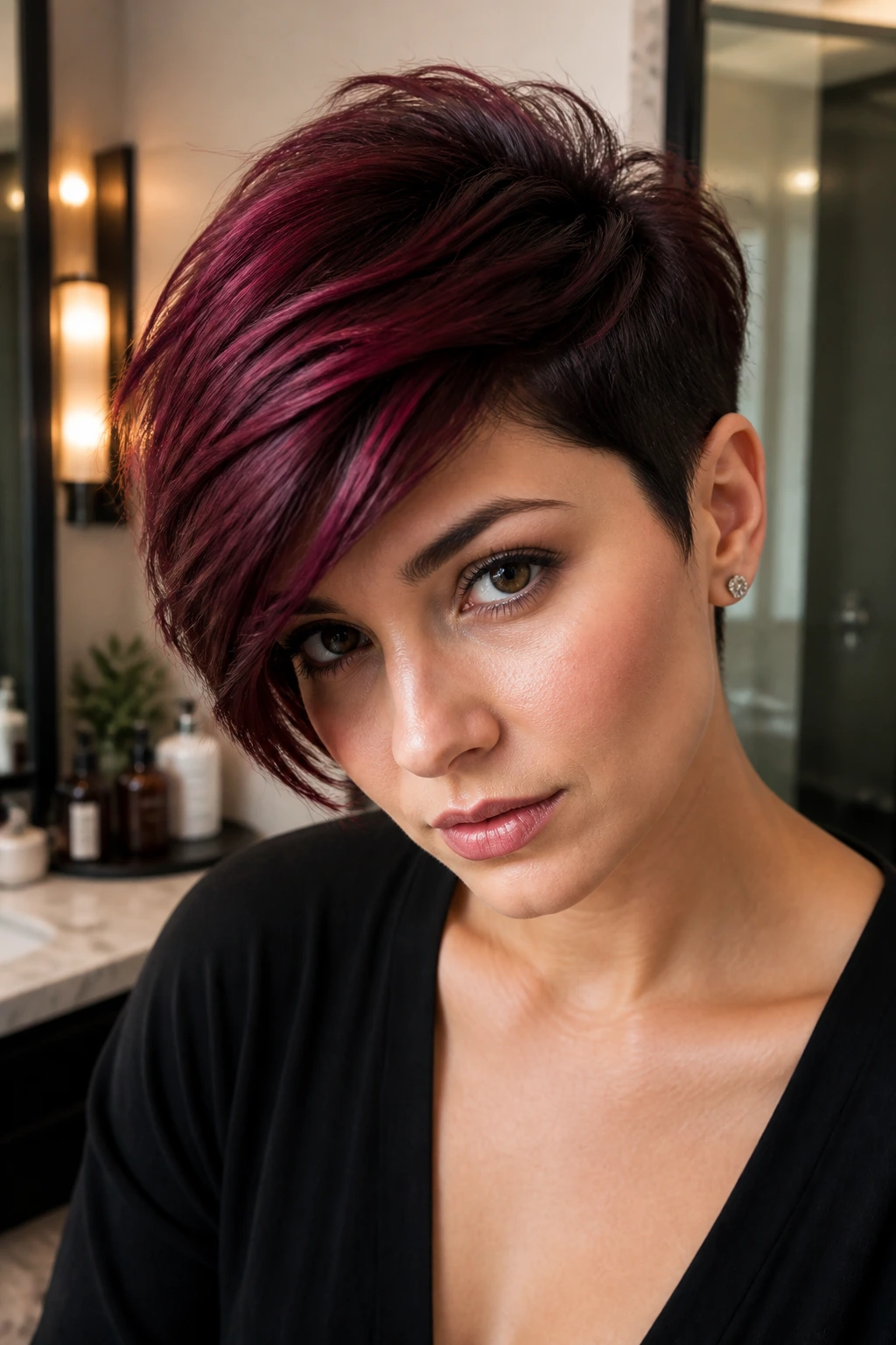 Close-up of a real person with a deep merlot pixie and swept-over top.