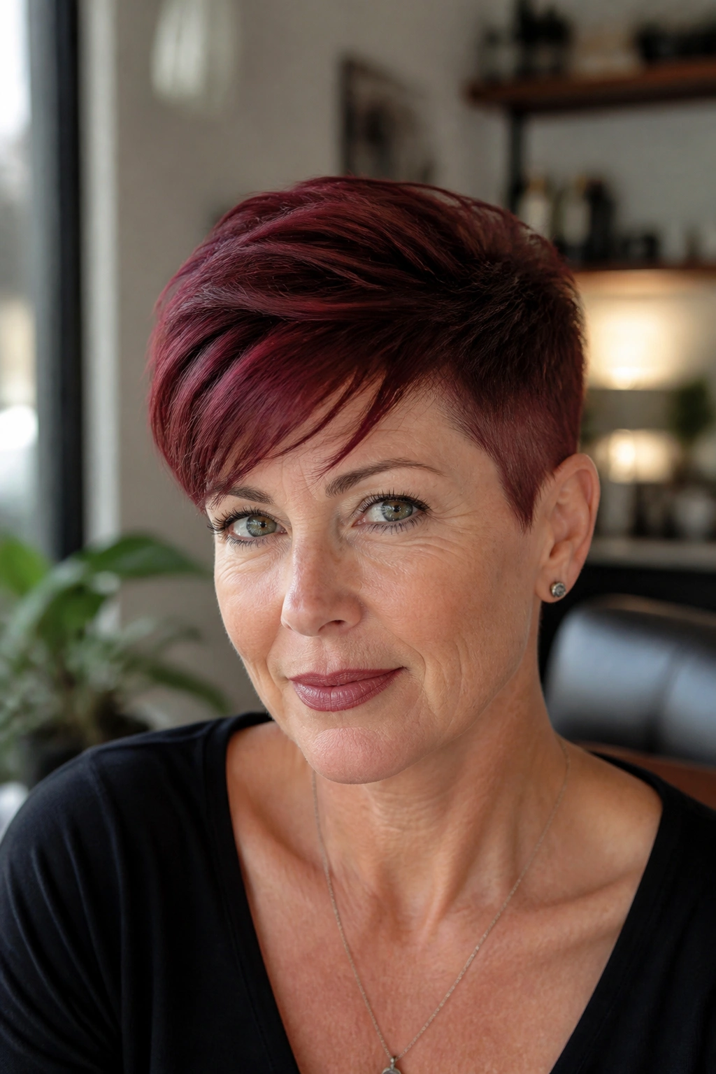 Close-up of a real woman with merlot long-top pixie and close sides.