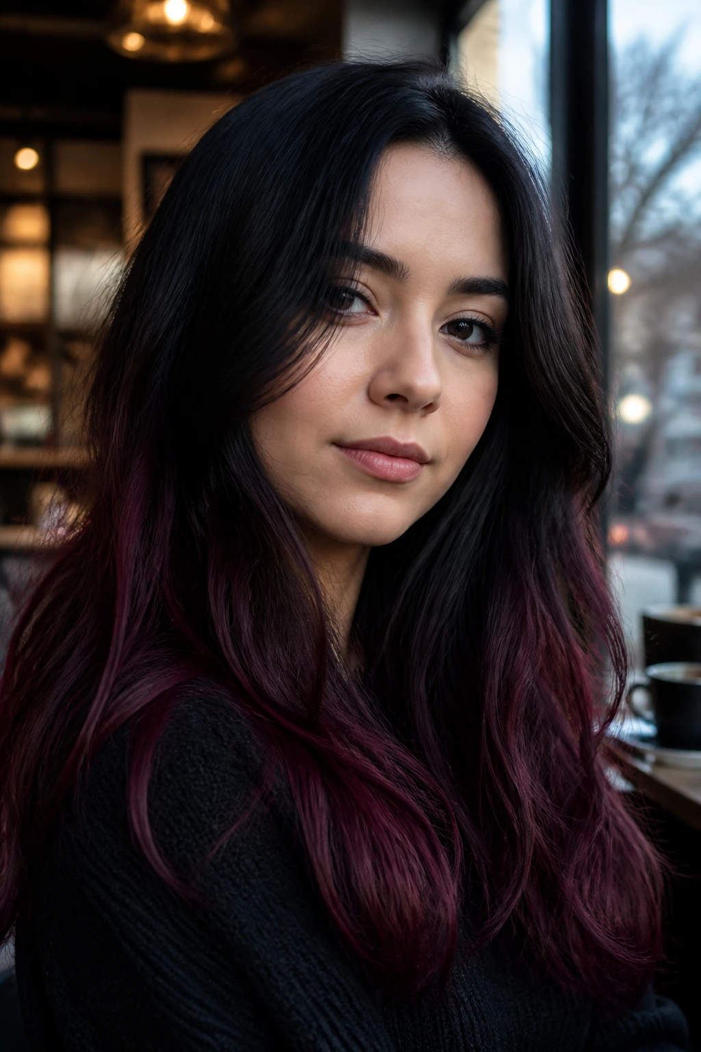 Shoulder portrait of long hair with merlot and plum ends in a cozy cafe setting