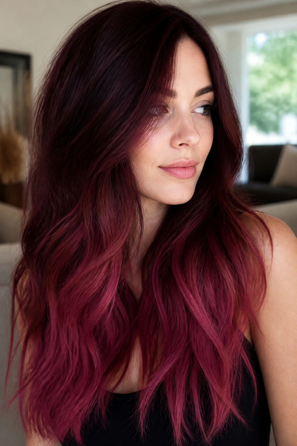 Portrait of woman with Raspberry Merlot Melt hair.