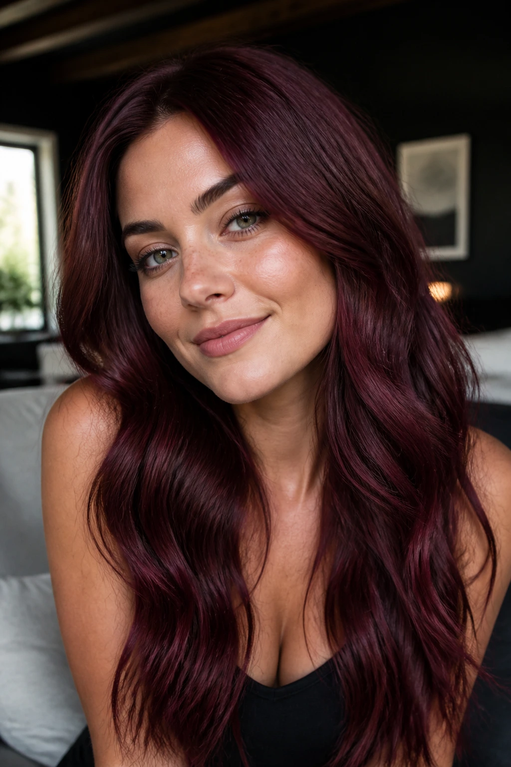 Close-up portrait of a real woman with merlot red hair and cool undertones.