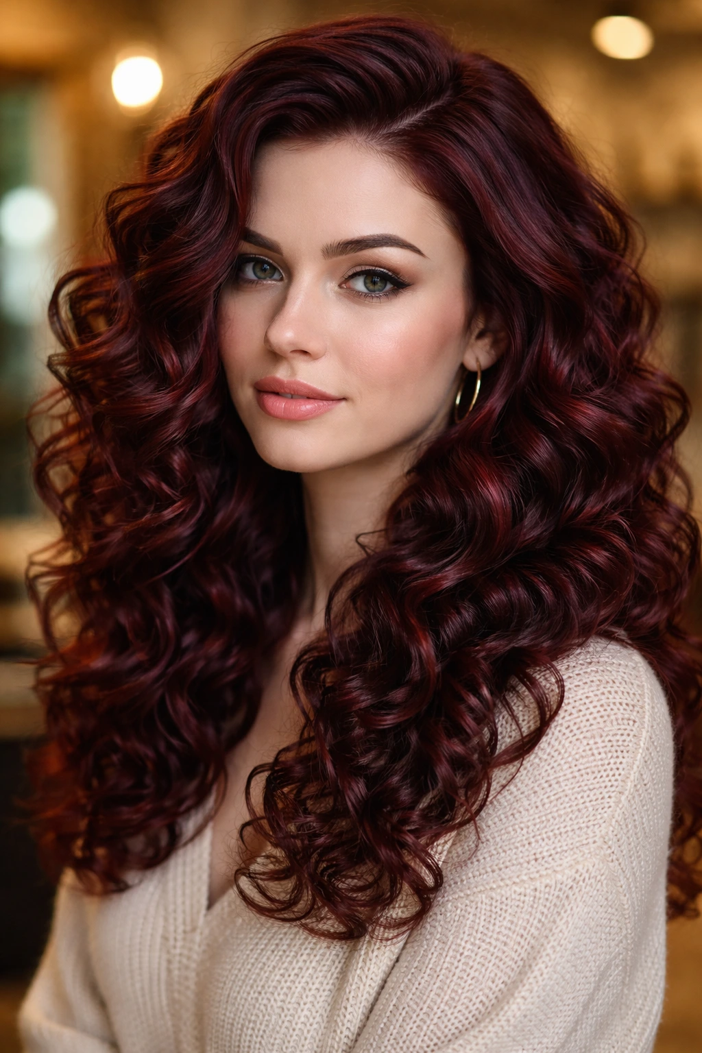 Close-up of a real woman with merlot red curls, rich wine tones
