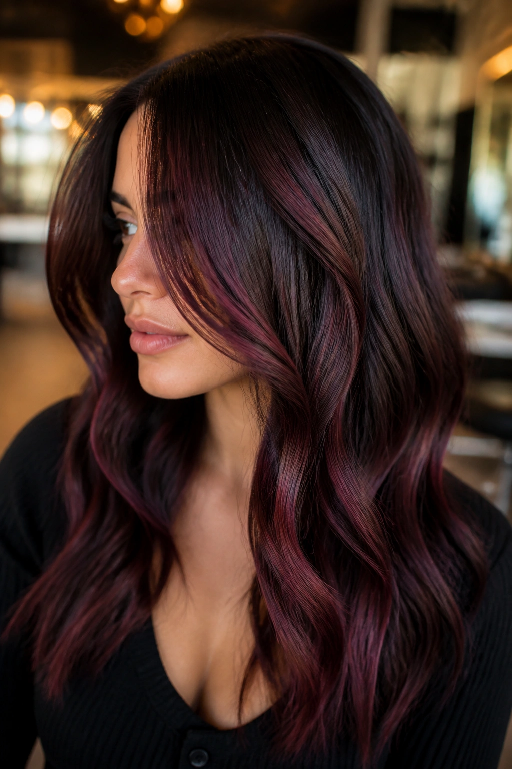 Real woman with deep brunette base and merlot ribbon highlights