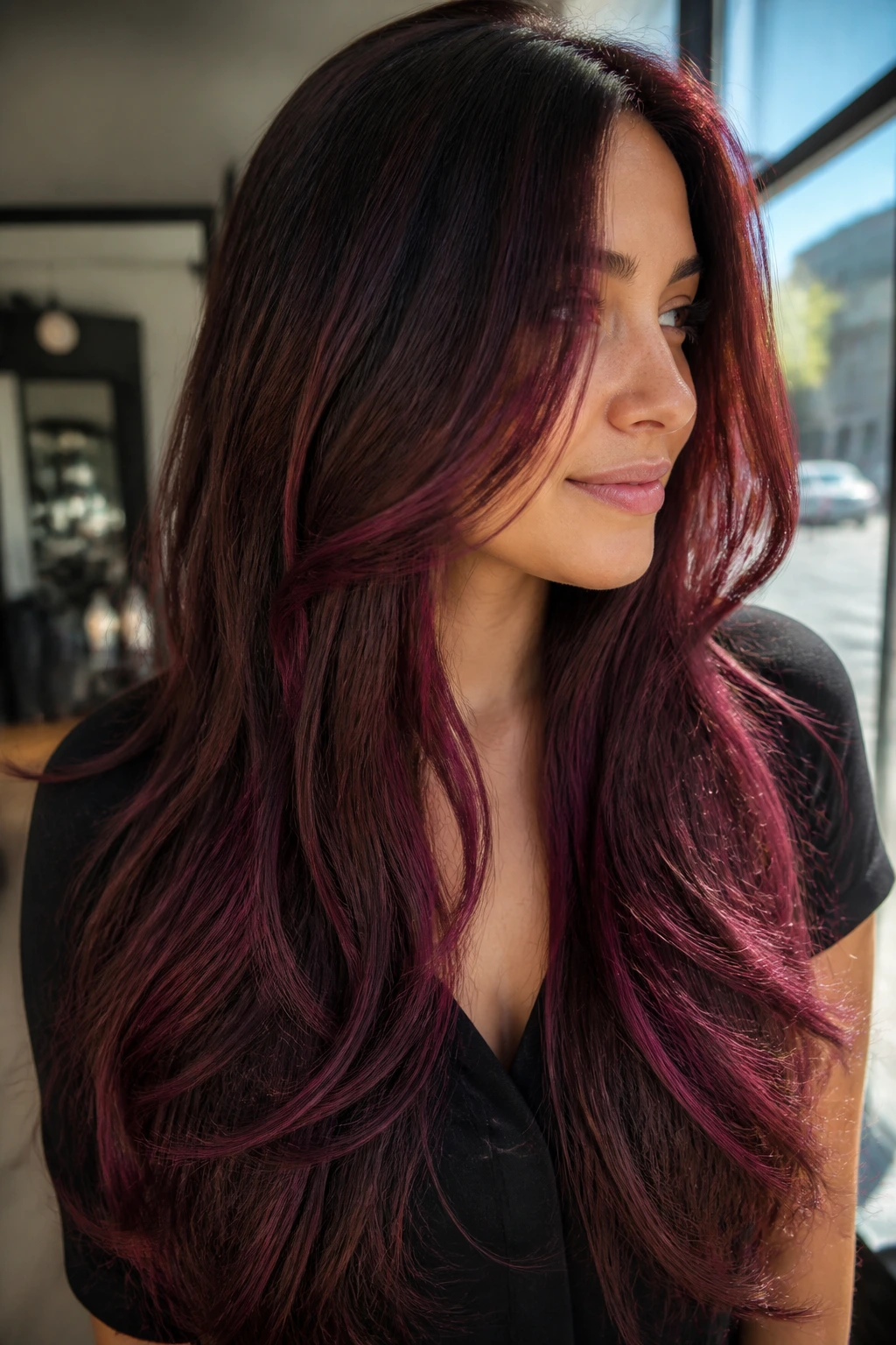 Close-up of a real woman with merlot ribbons woven through long layered brown hair in a sunlit salon