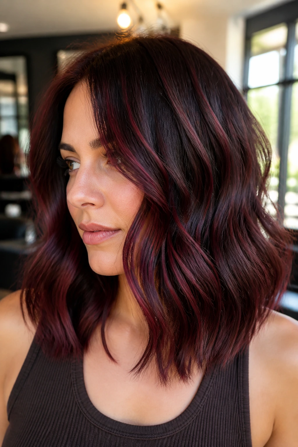 Close-up portrait of a real woman with merlot ribbon highlights in brunette hair, soft natural light