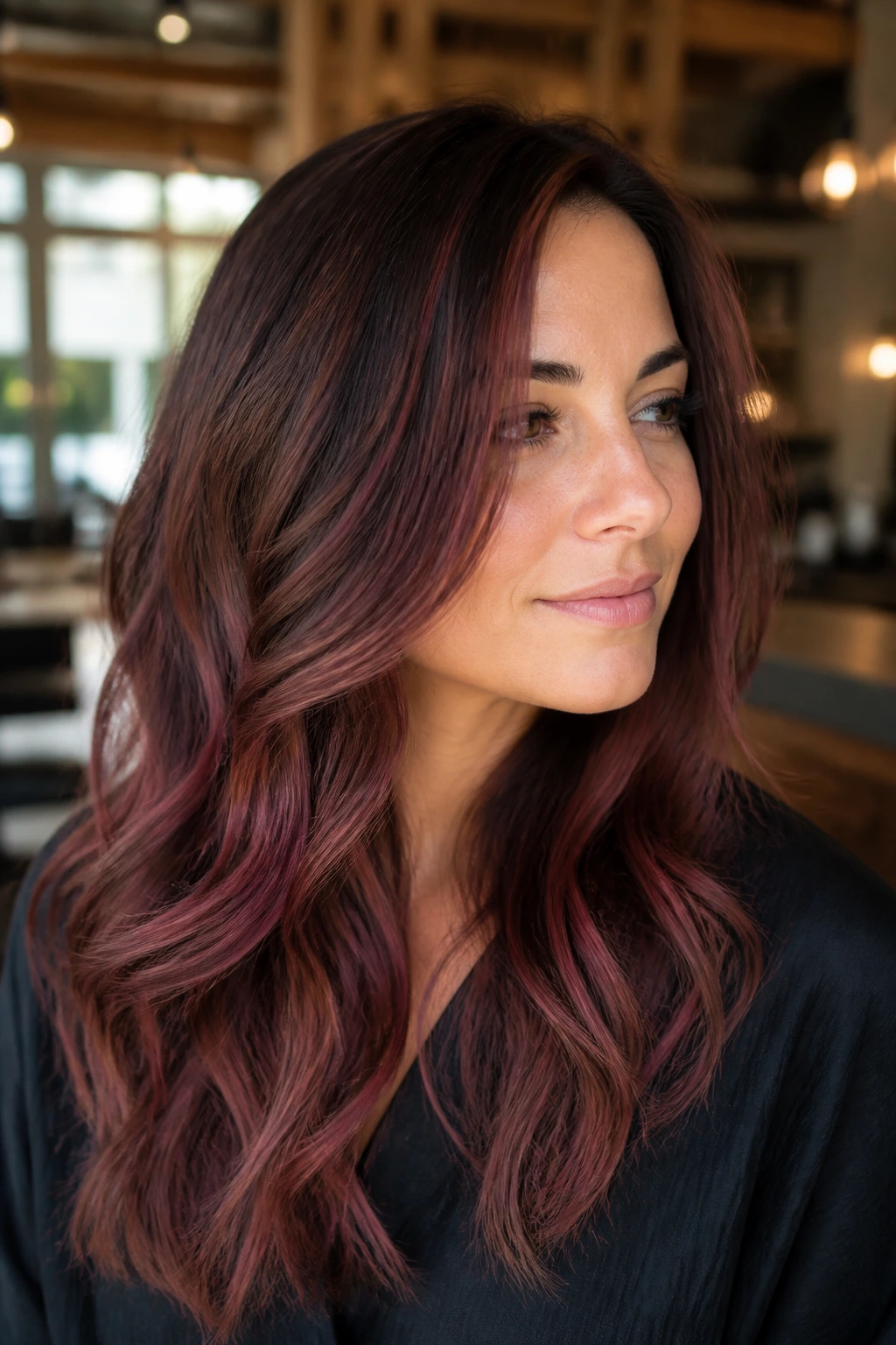 Close-up portrait of a woman with chestnut brown hair featuring smoky merlot ribbons