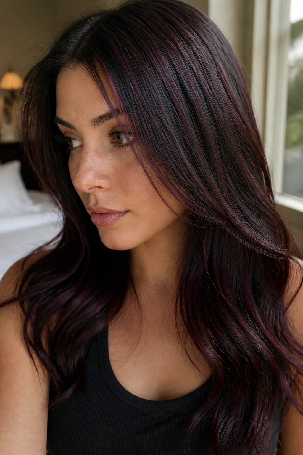 Close-up portrait of dark brown hair with fine merlot ribbons, side-lit to reveal wine-dark shimmer