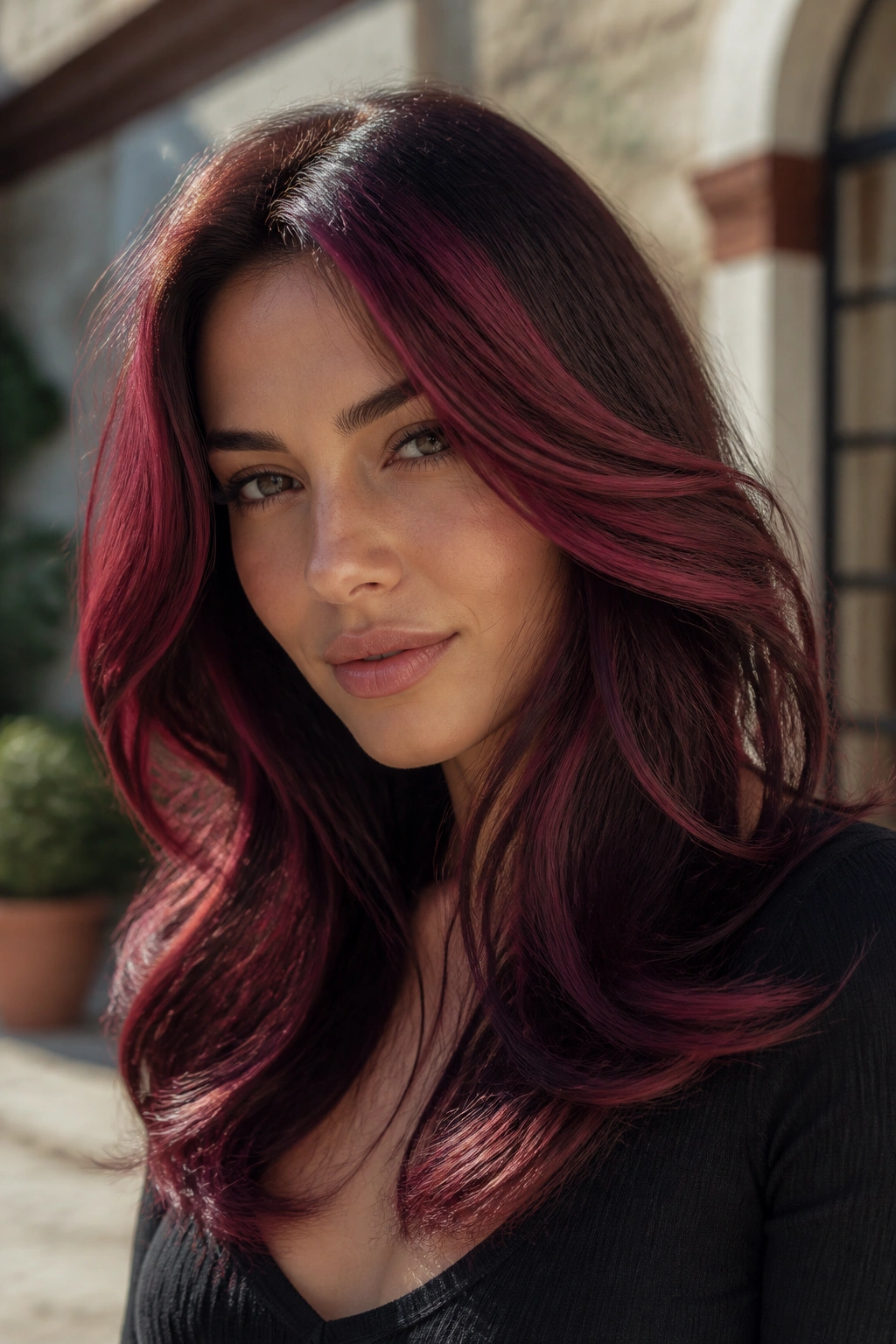 Close-up of a real woman with merlot ribbons hair color around the face