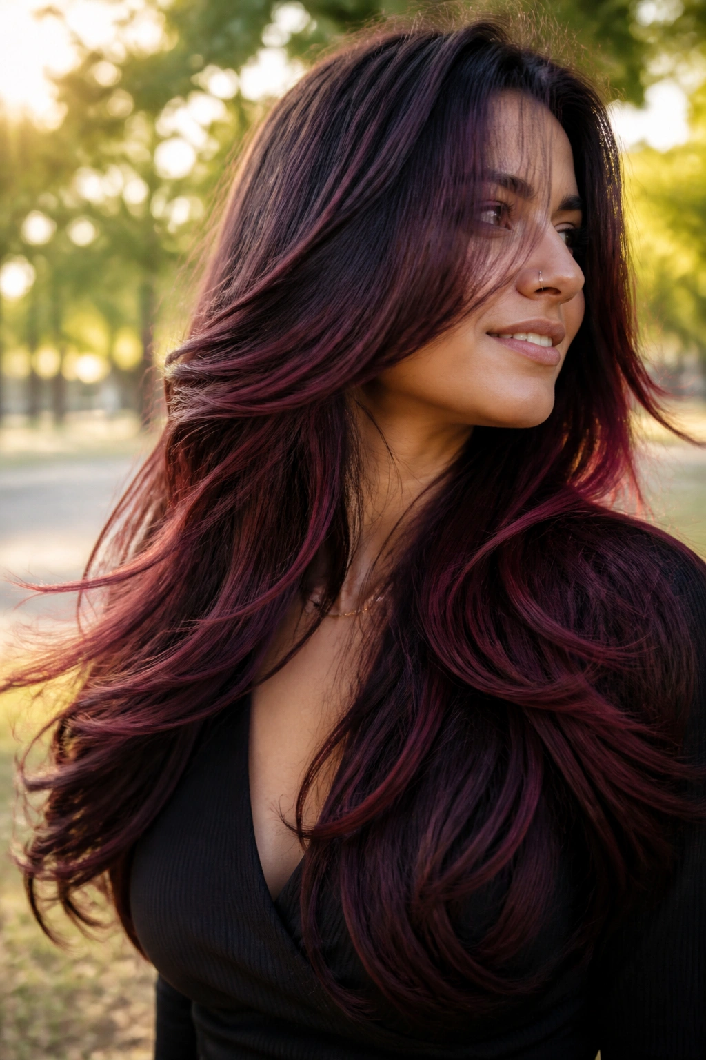 Real woman with merlot ribbons in long layered hair.