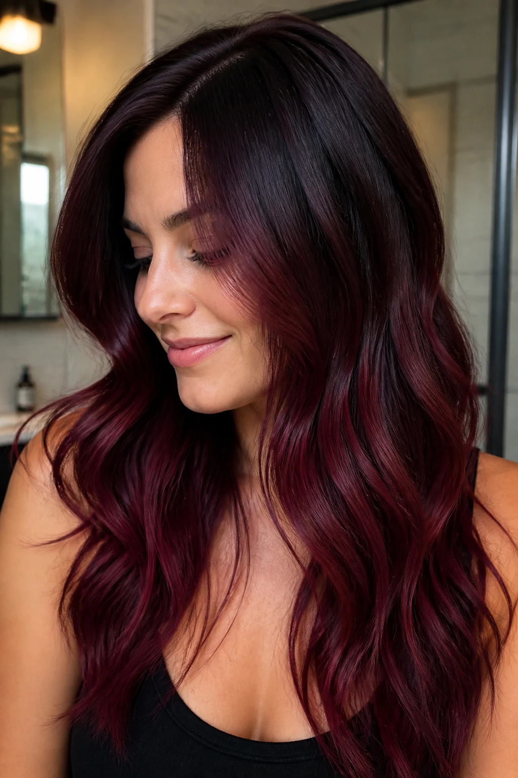 Close-up portrait of a real person with merlot root melt hair