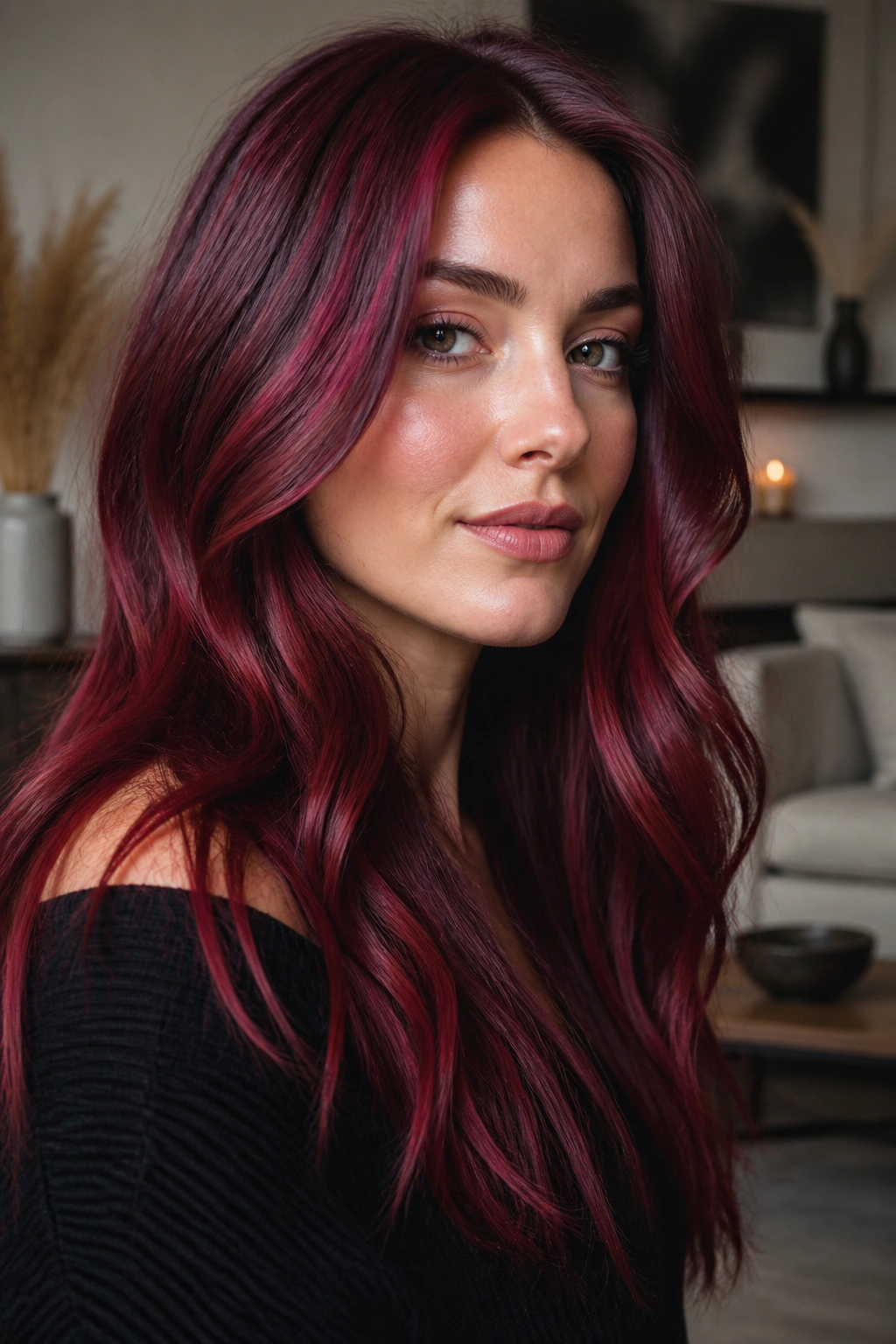 Close-up portrait of a real woman with merlot rose hair in an elegant room