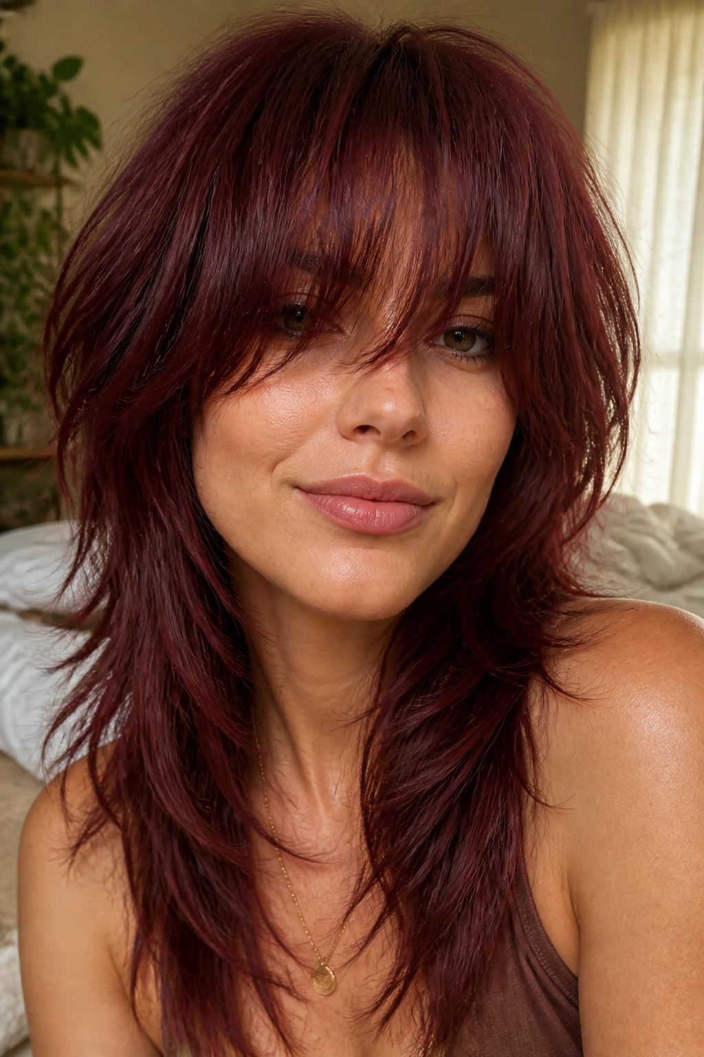 Close-up portrait of a real woman with merlot shag and long feathered fringe