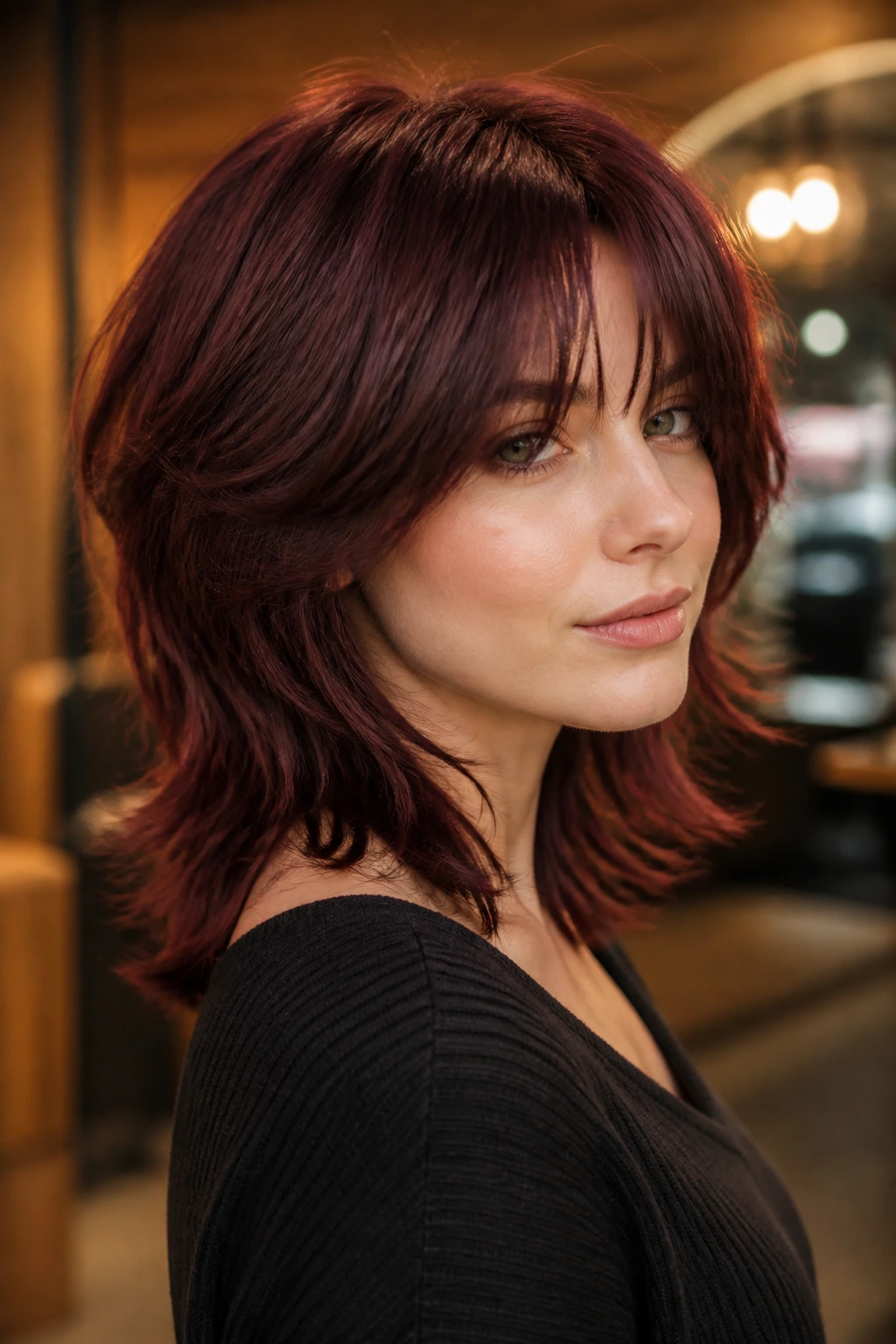 Real person with merlot shag and soft taper in a salon