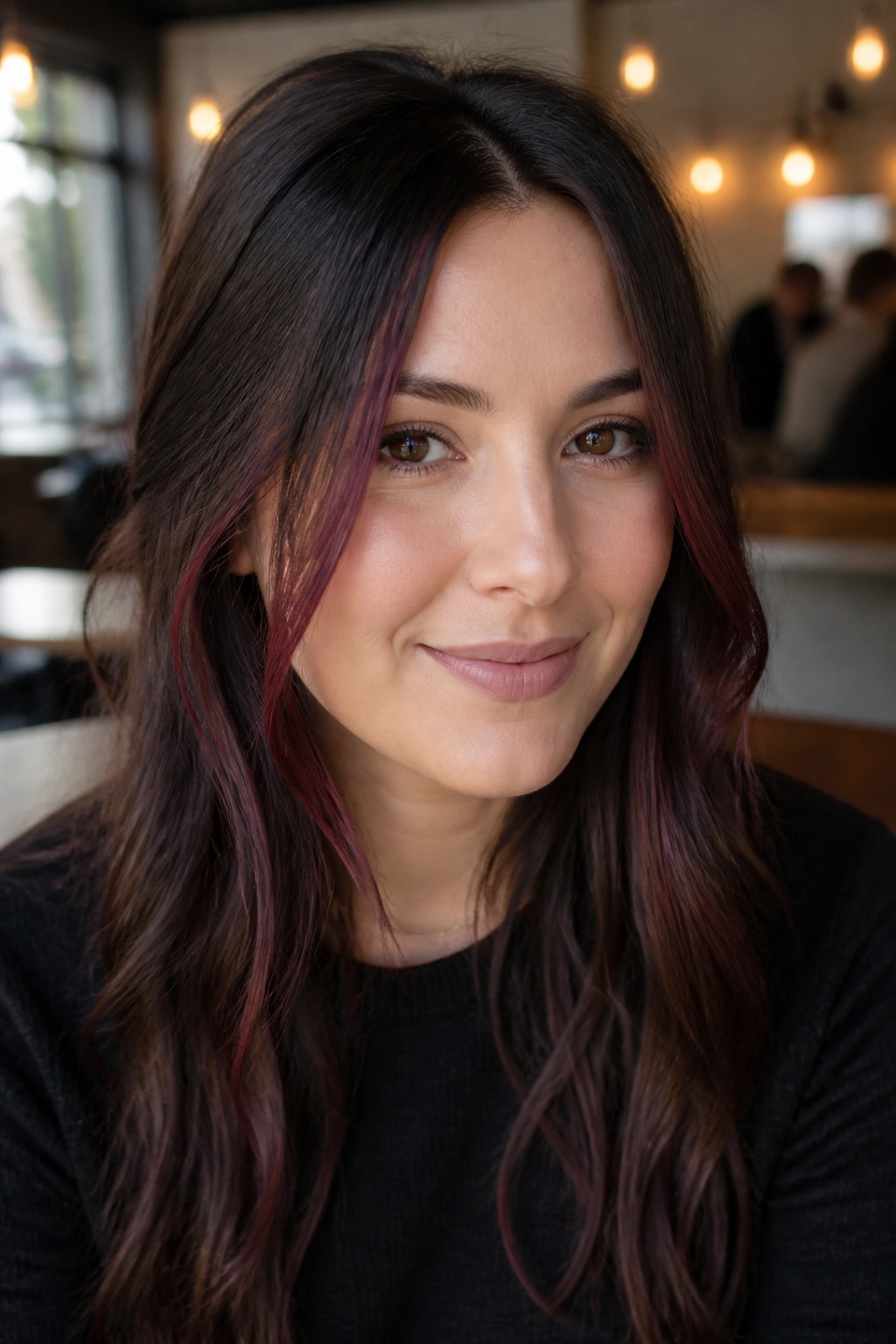Portrait of a real woman with merlot face-framing strands from temple to jaw