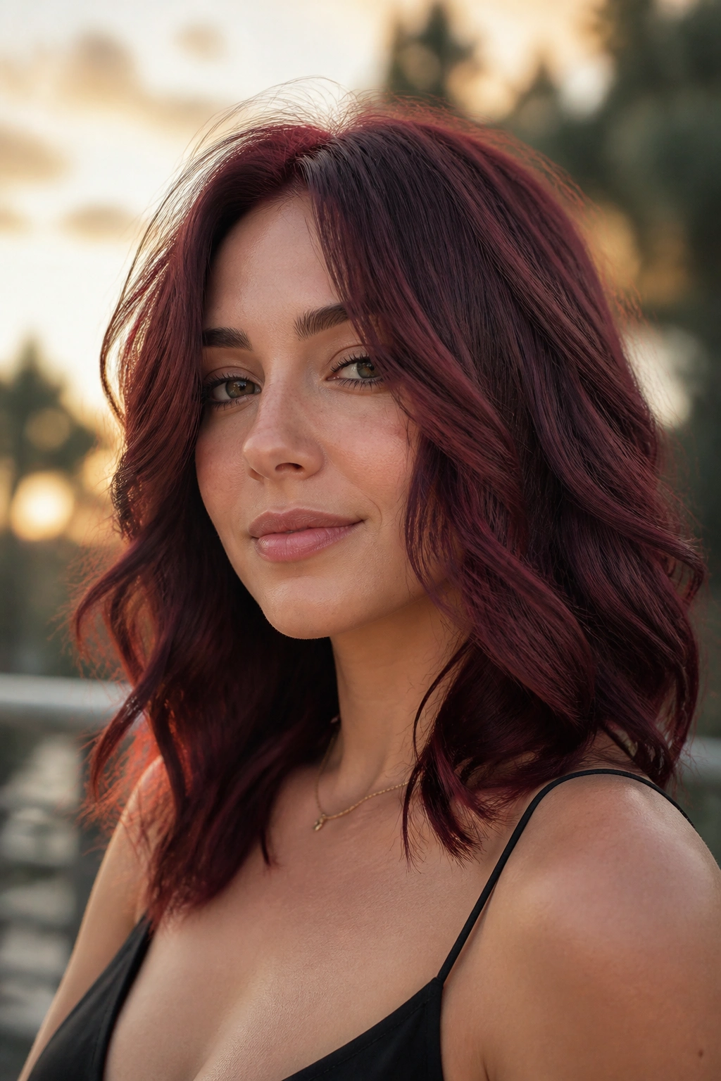 Close-up portrait of a real woman with merlot waves and cheekbone-length layers.