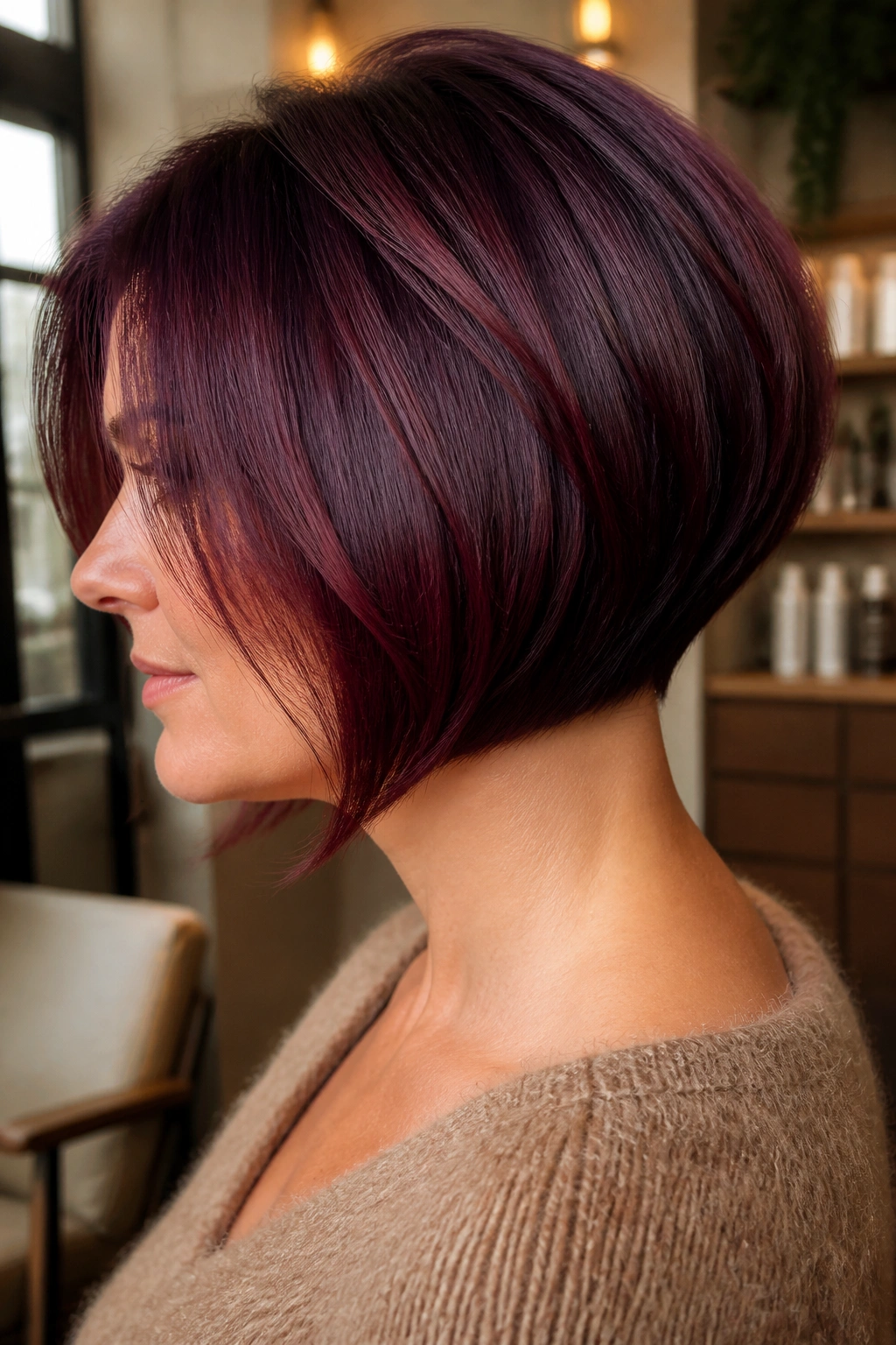 Close-up of a real woman with a Merlot Wedge Bob in a warm salon