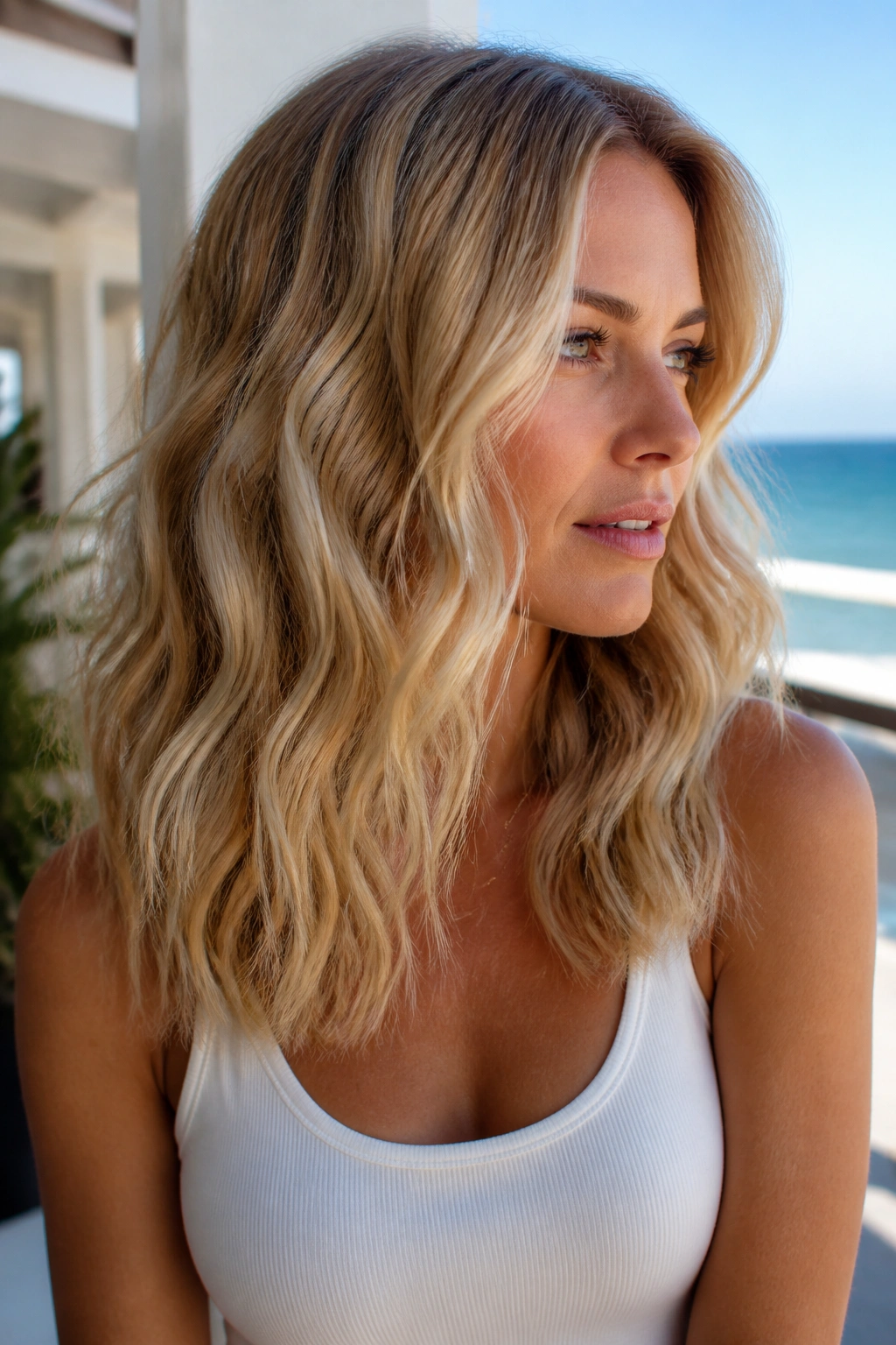 Close-up portrait of a real woman with mermaid-inspired blonde waves on medium-length hair