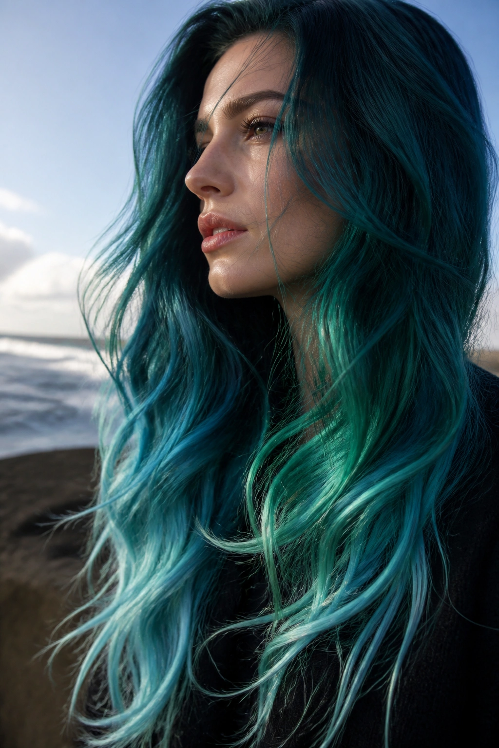 Close-up of a woman with mermaid blue ombre with green undertones on long hair at the beach
