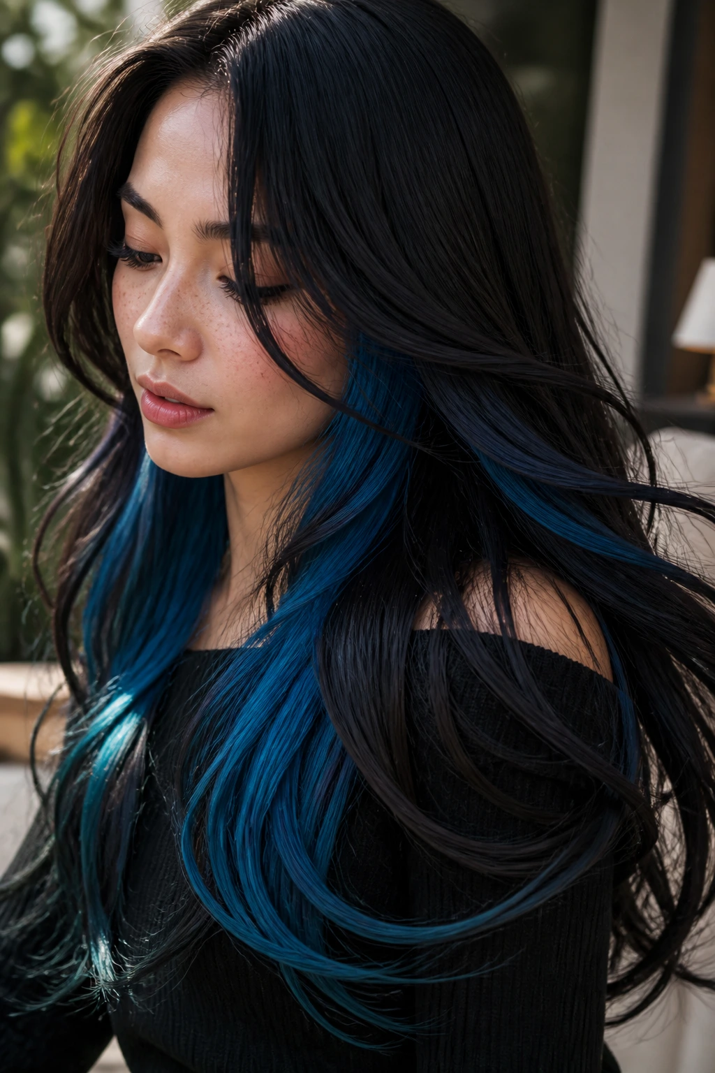 Close-up portrait of a woman showing a blue underlayer beneath black hair