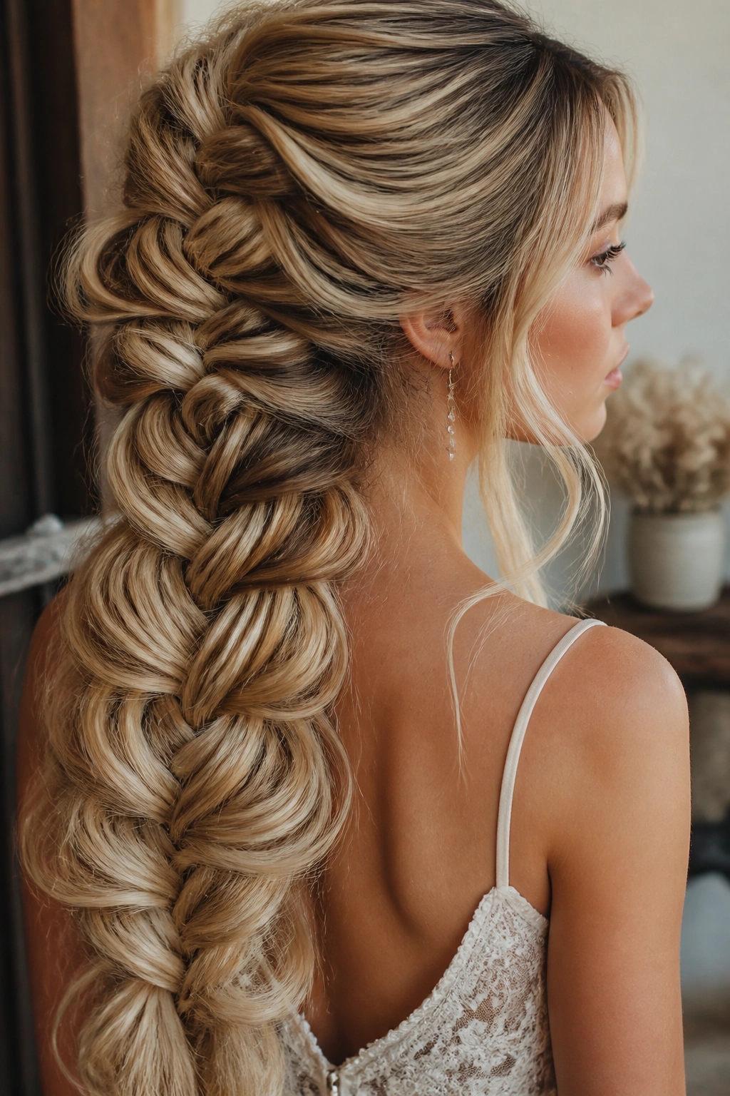 Portrait of a real woman with a wide mermaid braid at the back