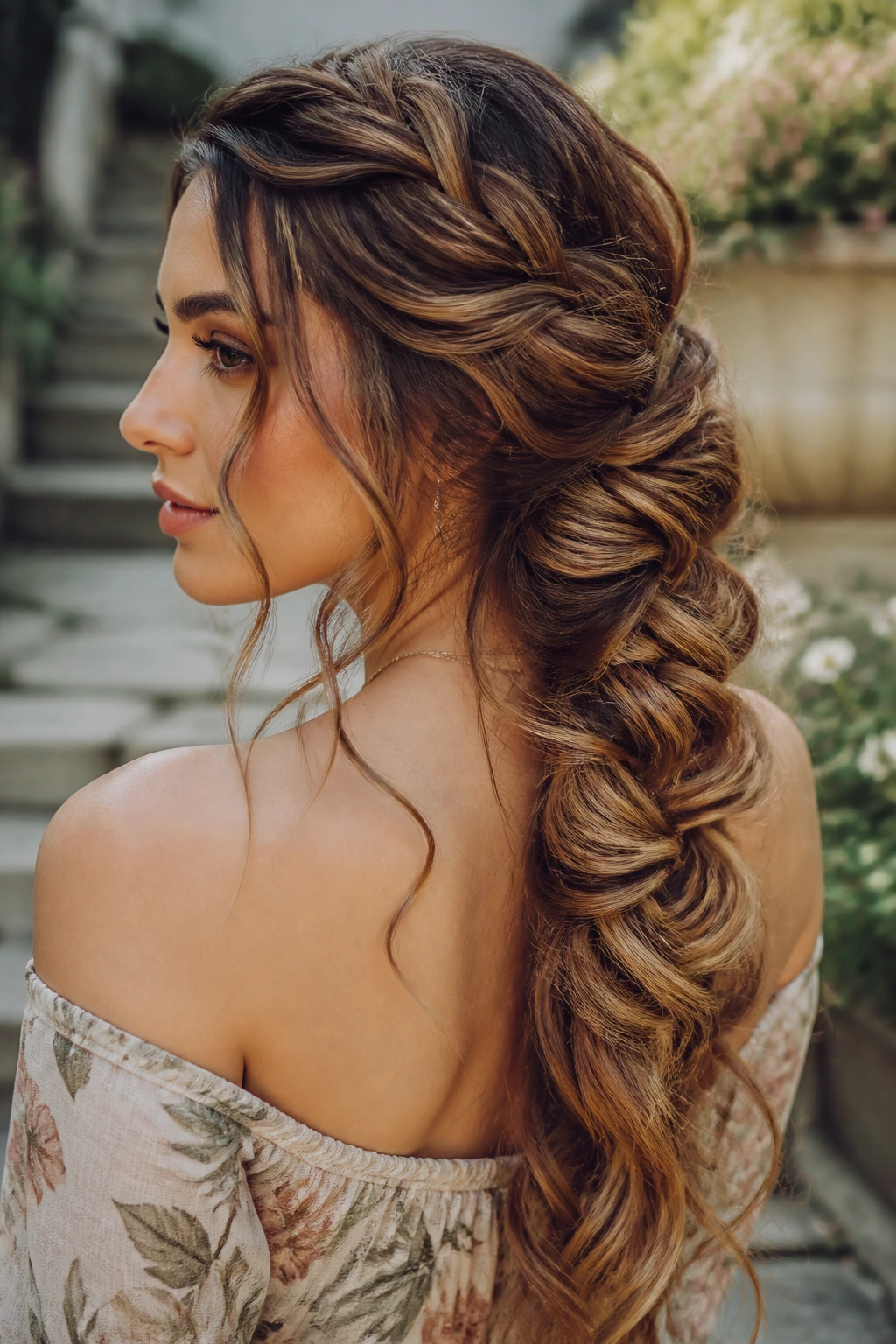Close-up of a real woman's mermaid braid in an outdoor garden setting